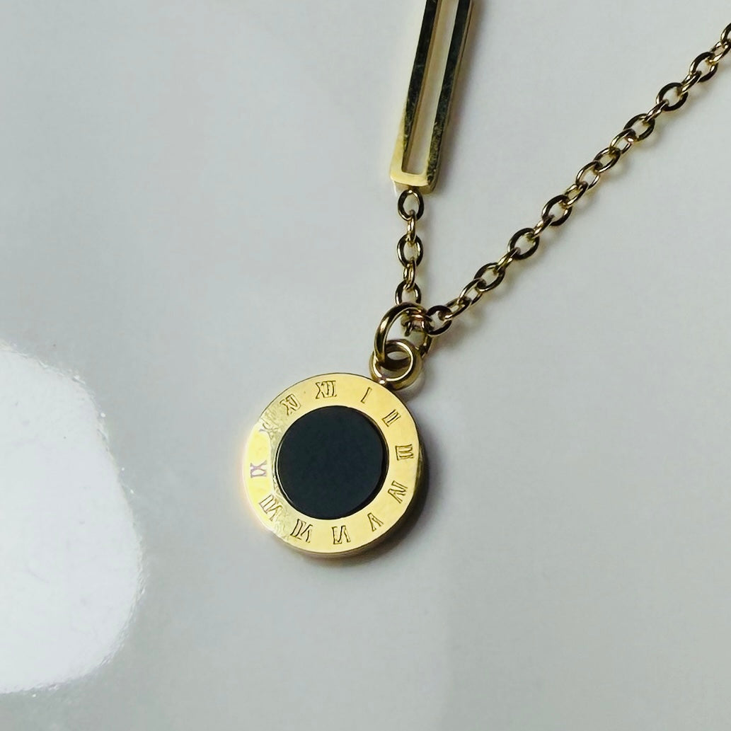 Gold Toned Roman Numeral Coin & Rectangle Link Necklace– Tarnish Resistant