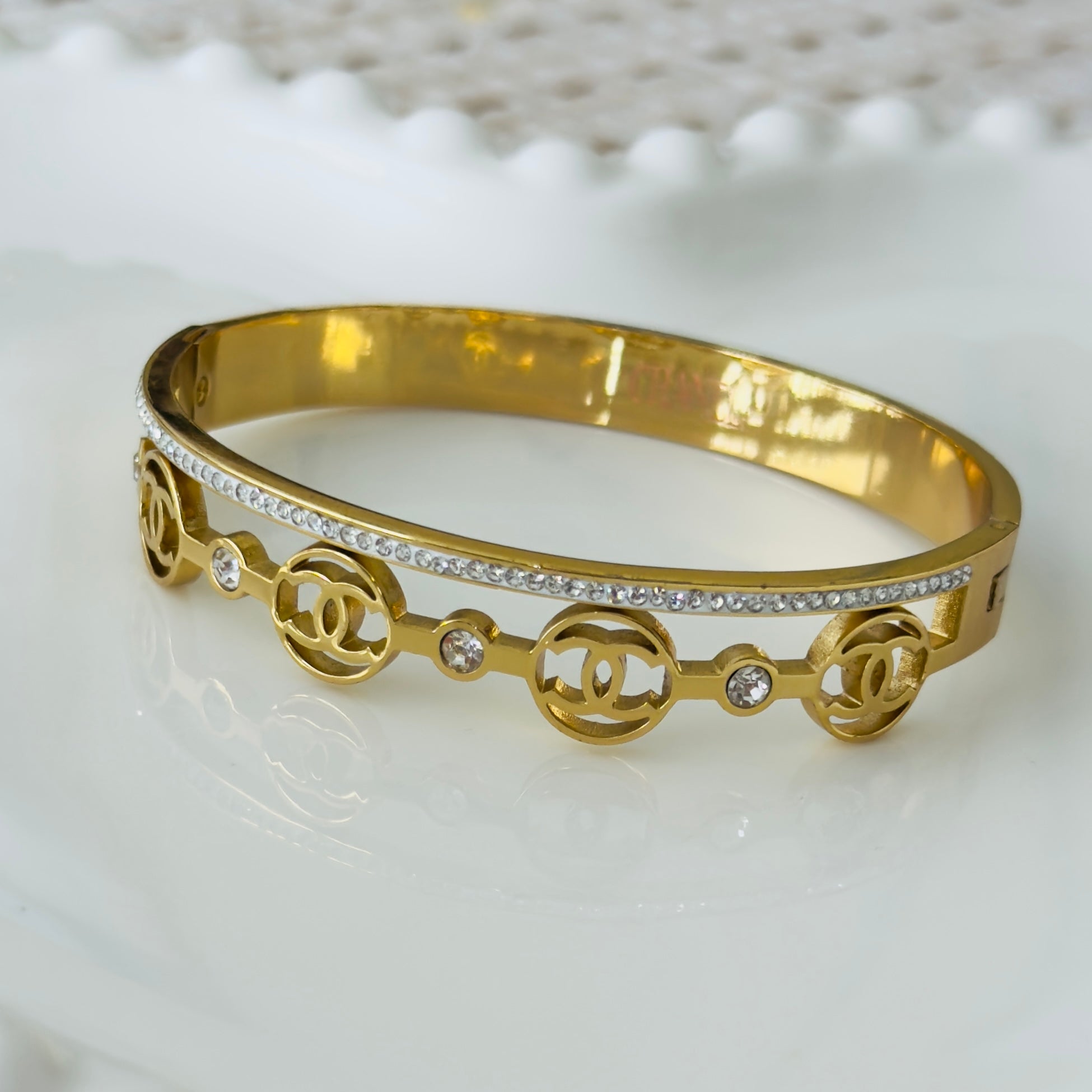 Elegant Double-Band "CC" Pavé Bangle