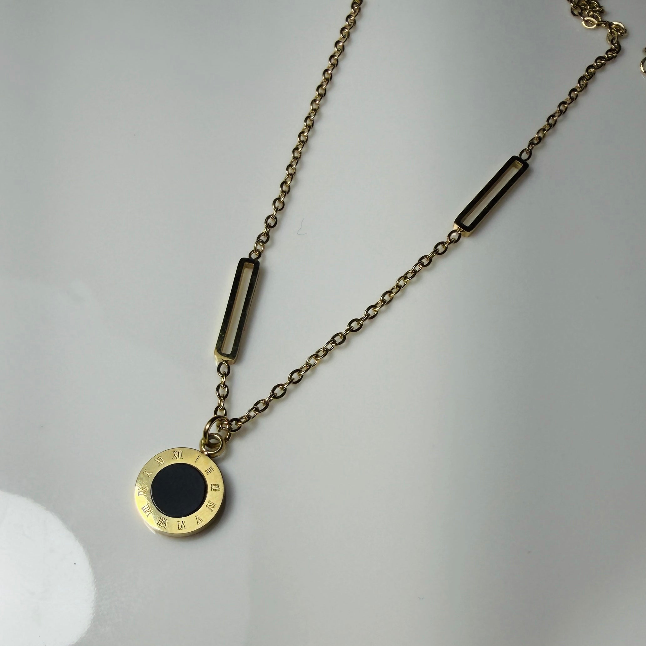 Gold Toned Roman Numeral Coin & Rectangle Link Necklace– Tarnish Resistant