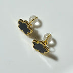 Gold-Toned Clover Stud Earrings – Black Onyx & Beaded Edge