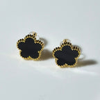 Gold-Toned Clover Stud Earrings – Black Onyx & Beaded Edge