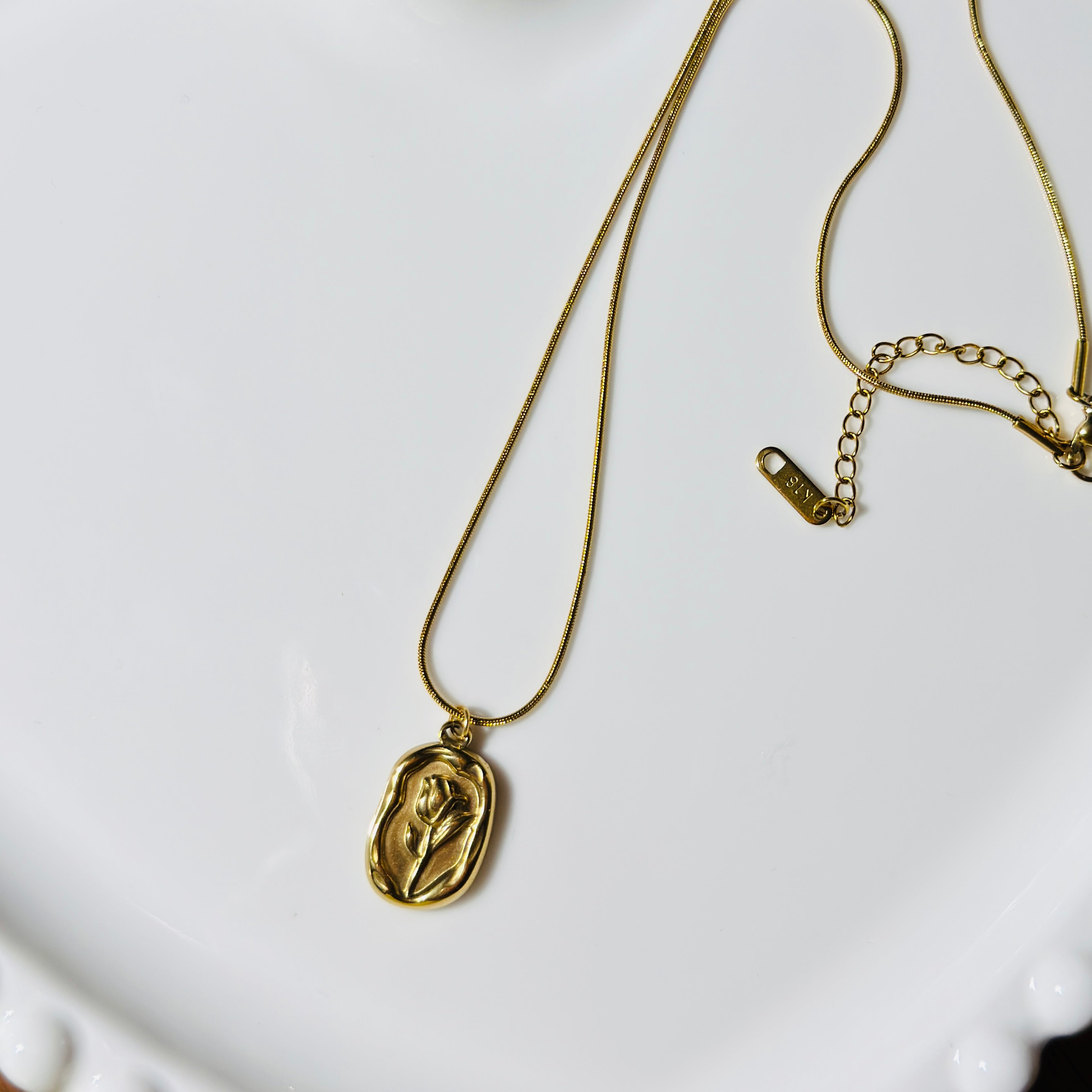 Embossed Tulip Pendant Necklace – Gold Toned & Tarnish Resistant