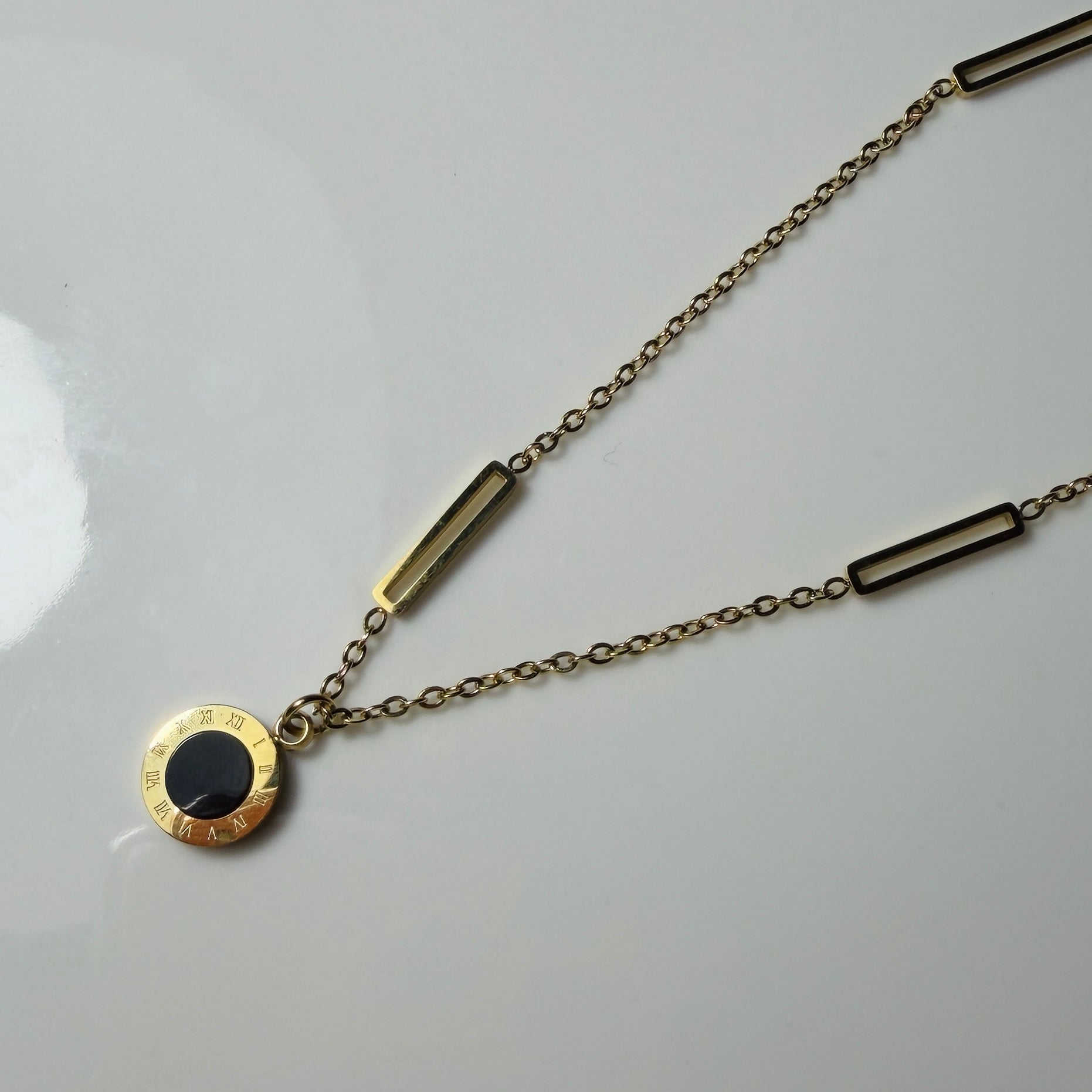 Gold Toned Roman Numeral Coin & Rectangle Link Necklace– Tarnish Resistant