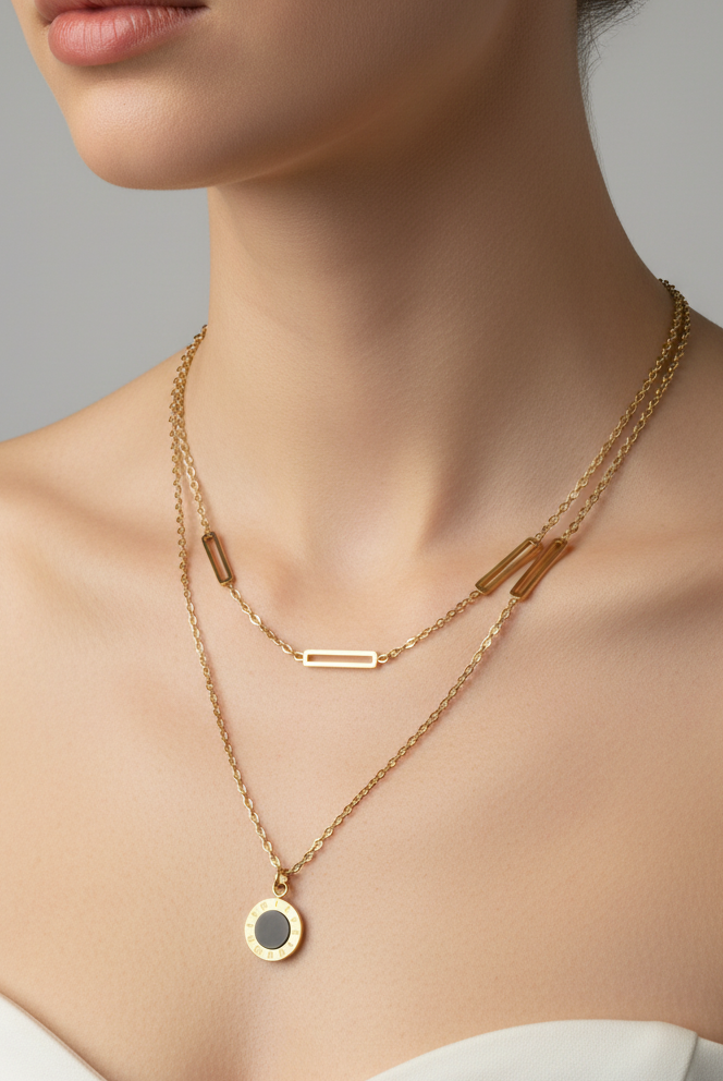 Gold Toned Roman Numeral Coin & Rectangle Link Necklace– Tarnish Resistant