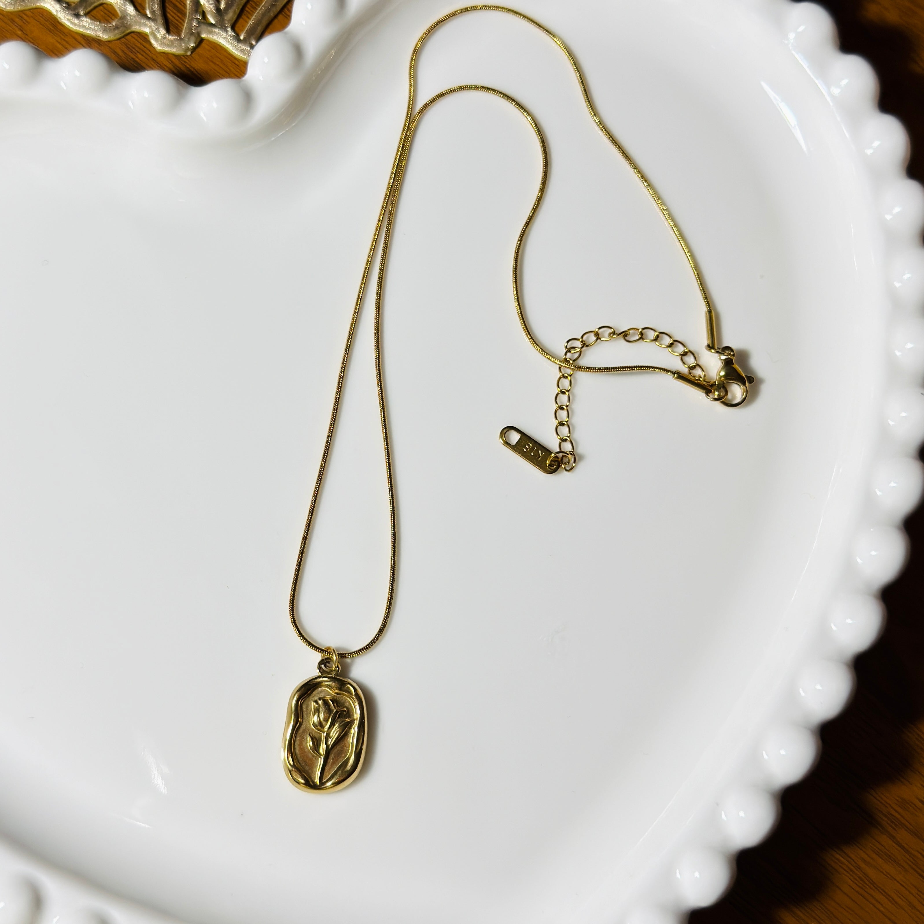 Embossed Tulip Pendant Necklace – Gold Toned & Tarnish Resistant