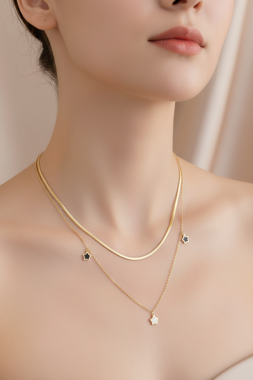 Layered Herringbone & Star Charm Necklace – Gold Toned & Tarnish Resistant