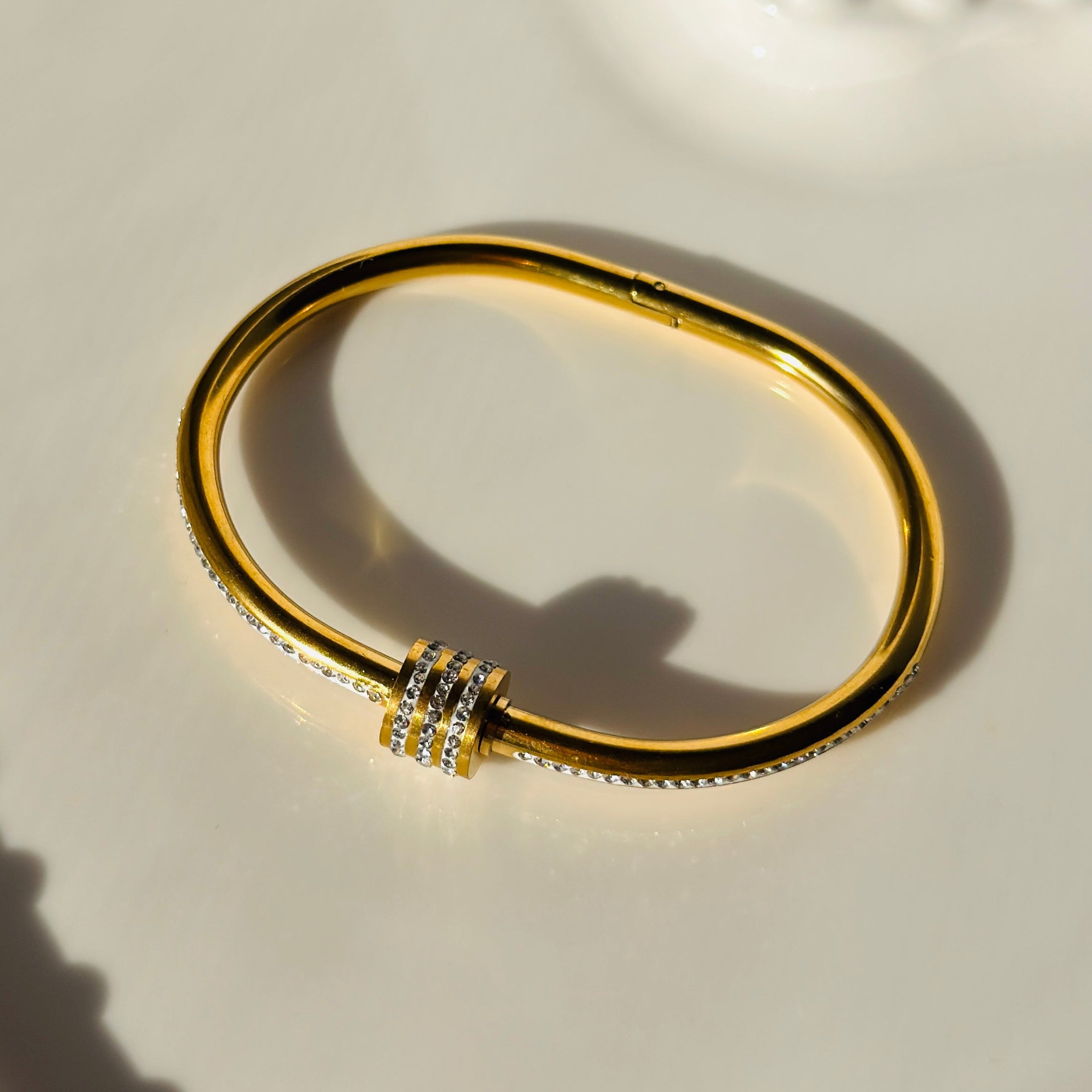 Gold-Toned Stainless Steel Crystal Bangle Bracelet – Durable & Water-resistant