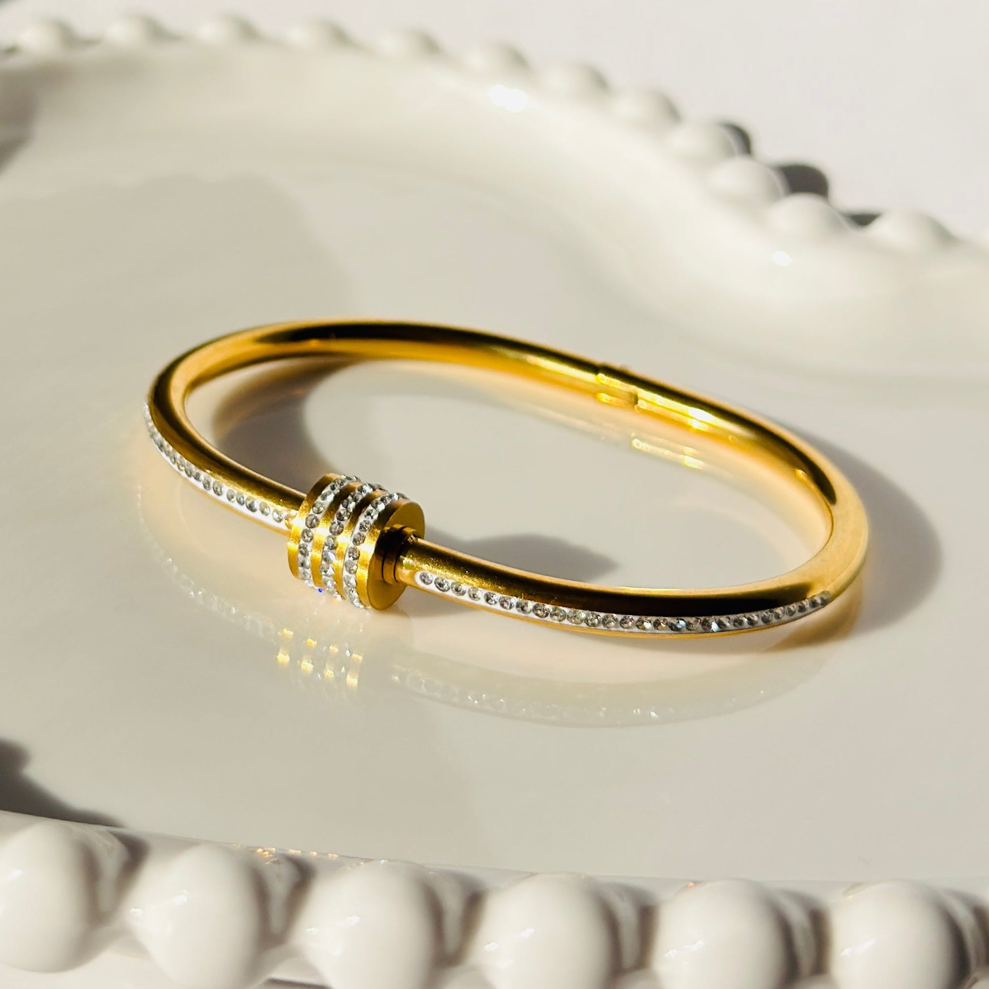 Gold-Toned Stainless Steel Crystal Bangle Bracelet – Durable & Water-resistant