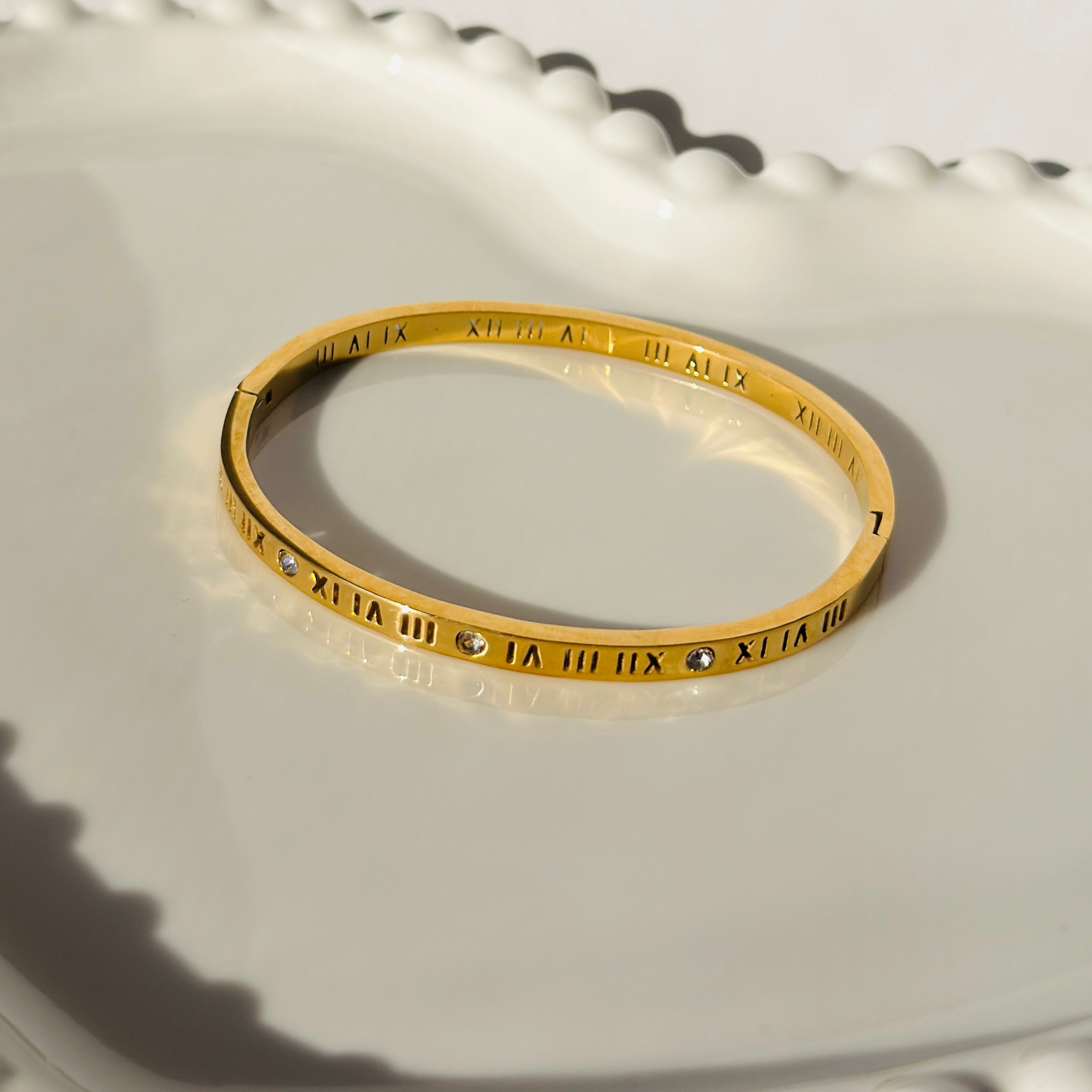Roman Numeral & Crystal Accent Bangle Bracelet – Gold Toned & Tarnish Resistant