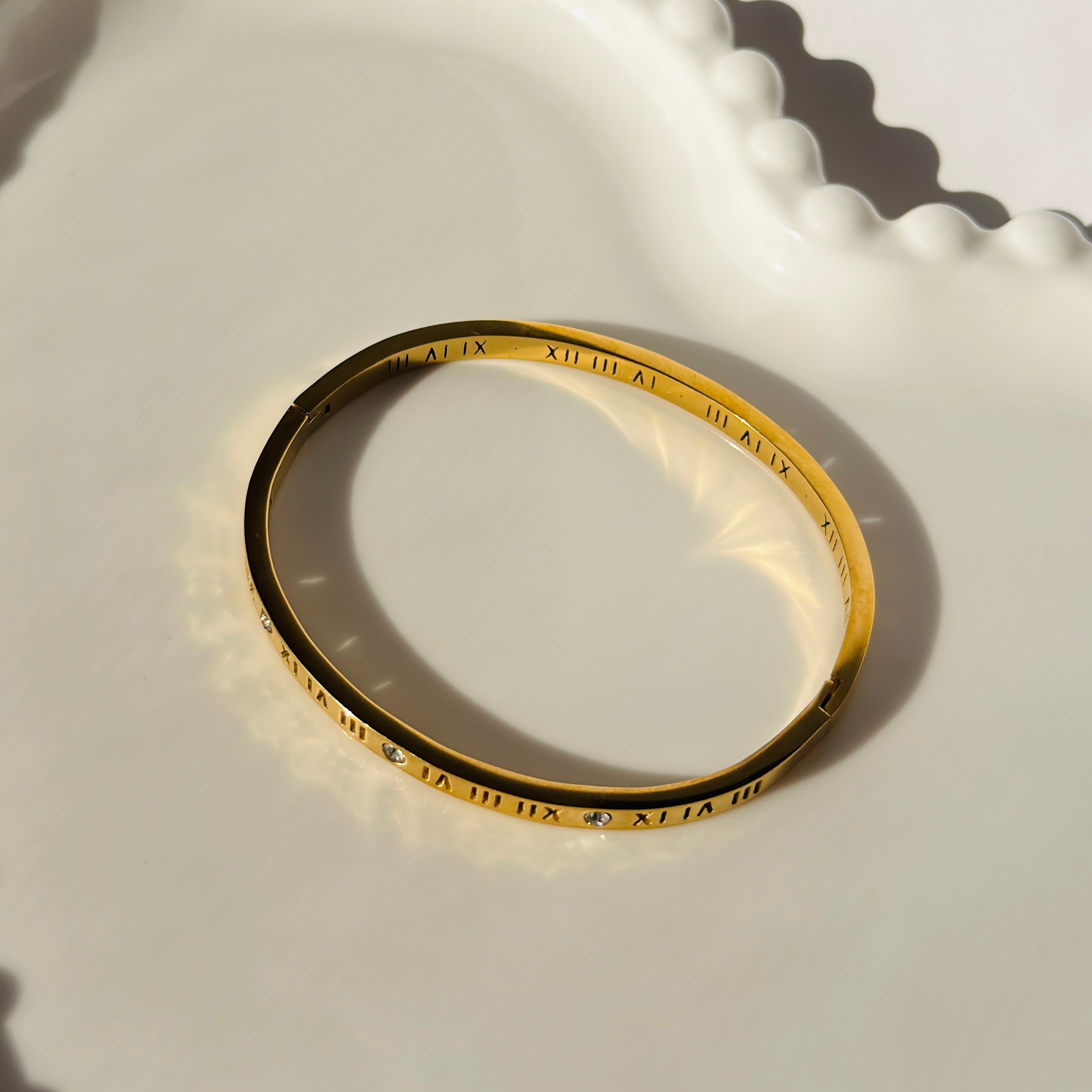 Roman Numeral & Crystal Accent Bangle Bracelet – Gold Toned & Tarnish Resistant