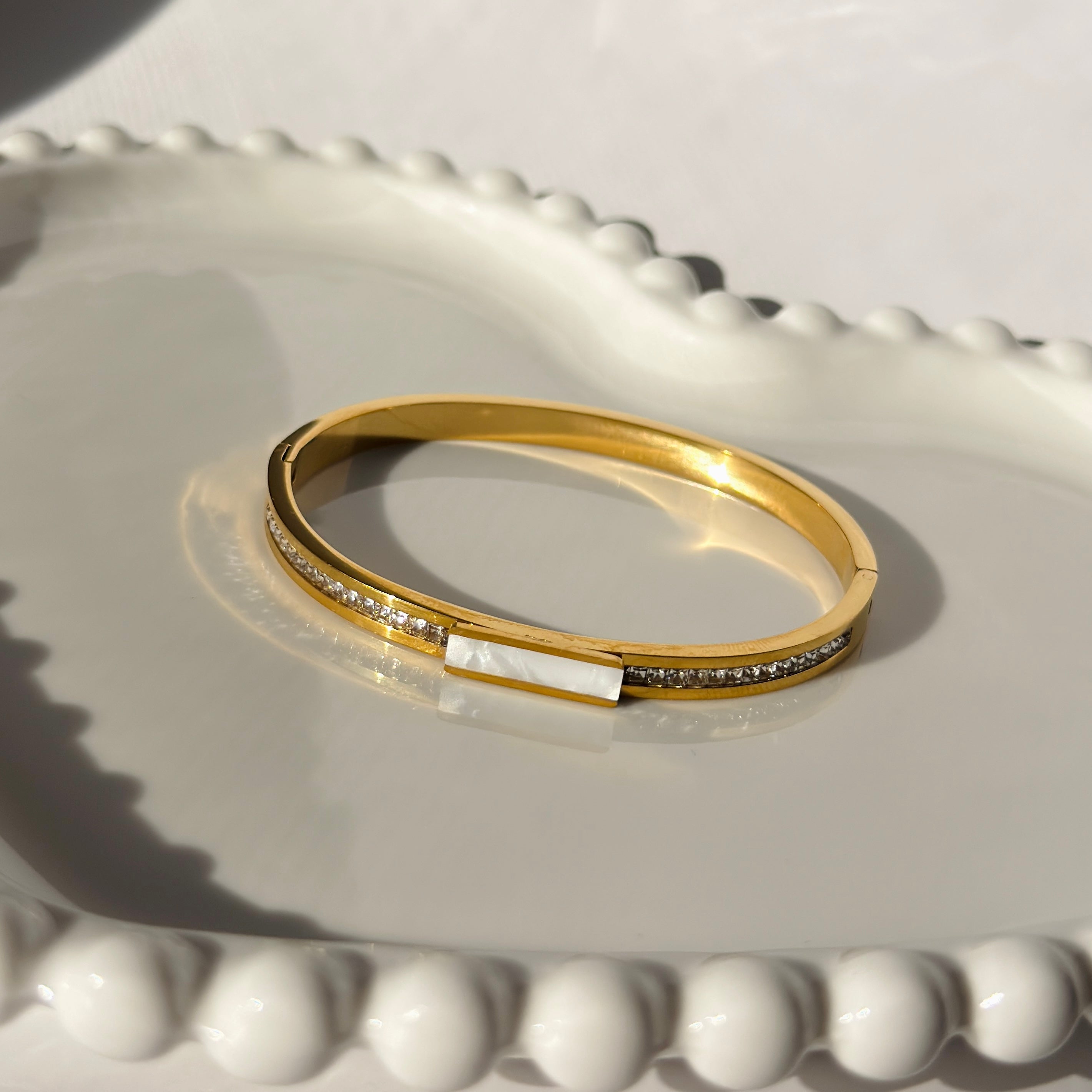 White Mother-of-Pearl & Crystal Accent Bangle Bracelet – Gold Toned & Tarnish Resistant