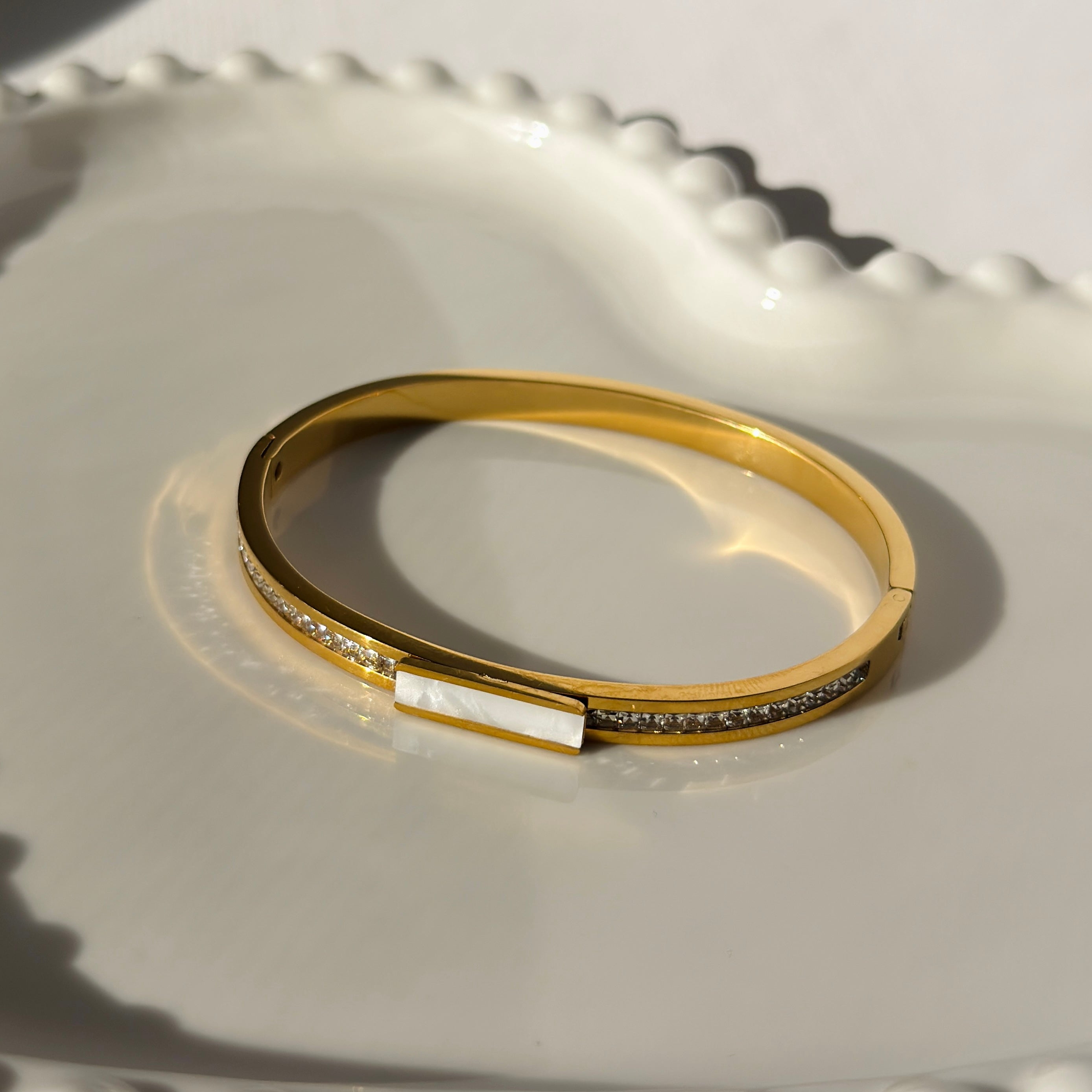 White Mother-of-Pearl & Crystal Accent Bangle Bracelet – Gold Toned & Tarnish Resistant