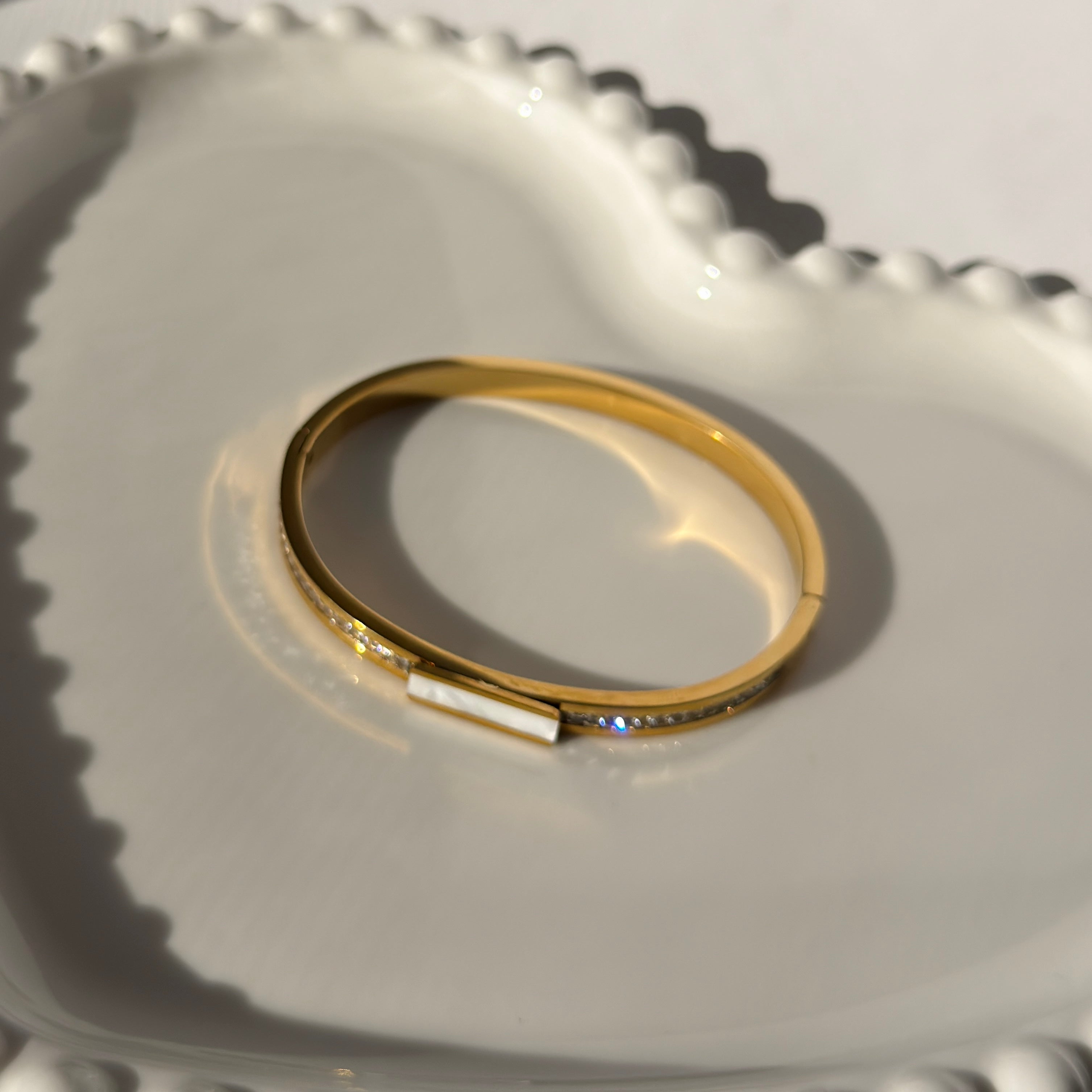 White Mother-of-Pearl & Crystal Accent Bangle Bracelet – Gold Toned & Tarnish Resistant