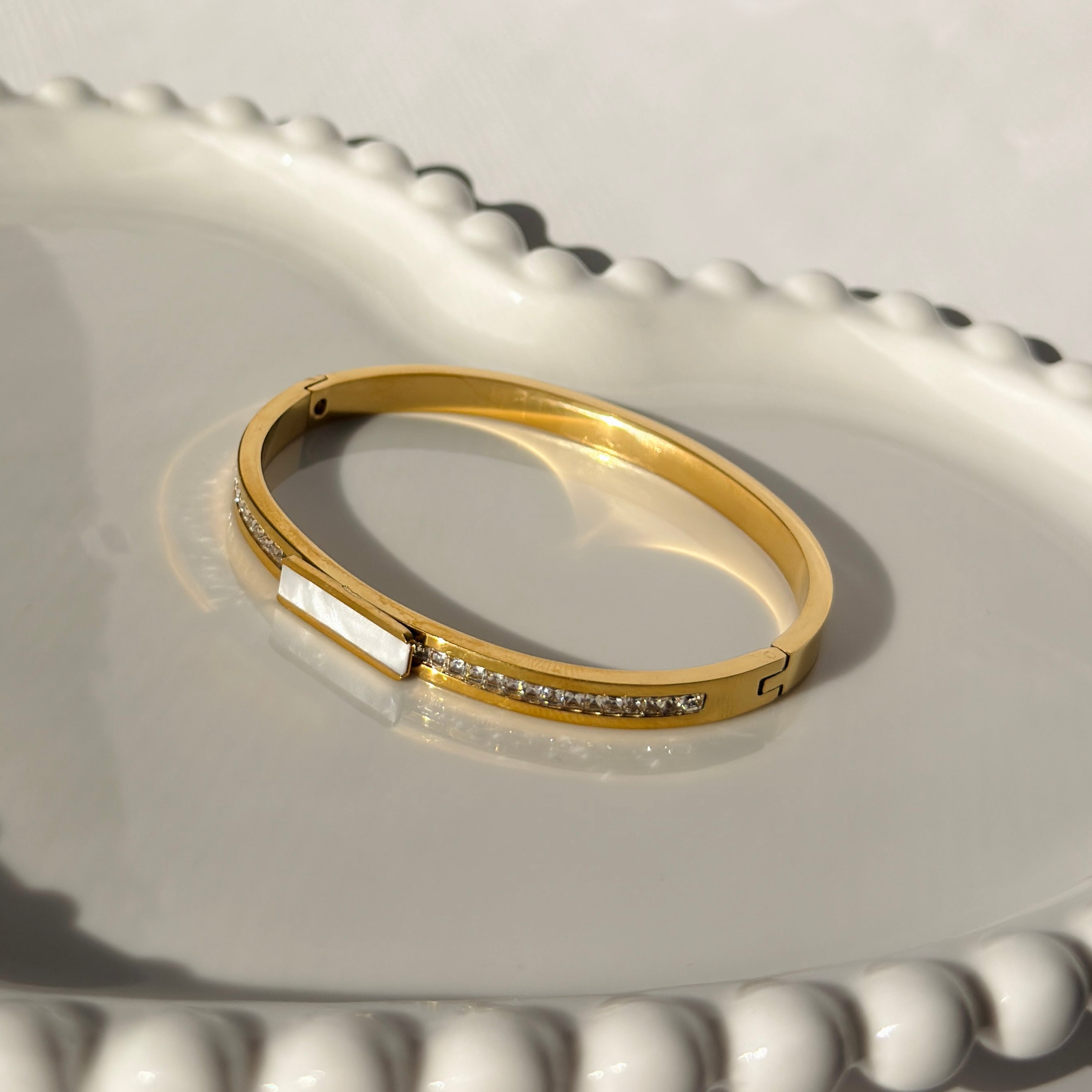 White Mother-of-Pearl & Crystal Accent Bangle Bracelet – Gold Toned & Tarnish Resistant