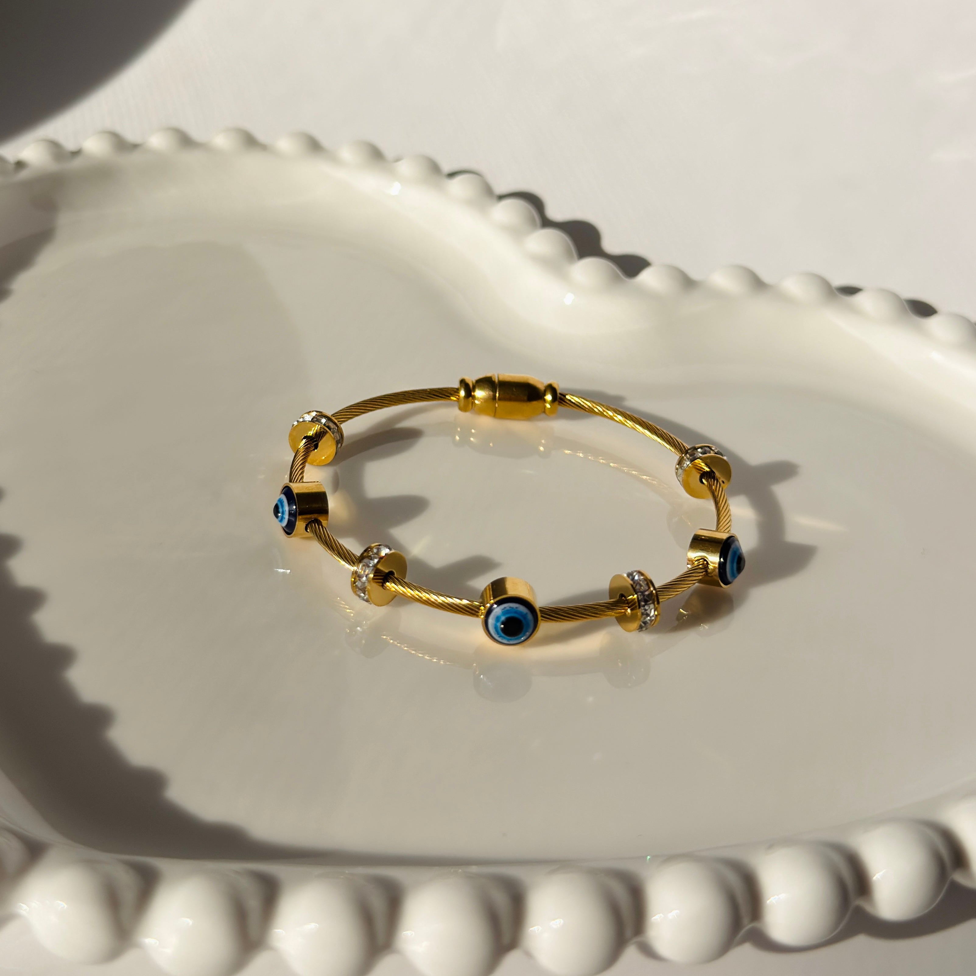 Evil Eye Bead Accent Bangle Bracelet – Gold Toned & Tarnish Resistant