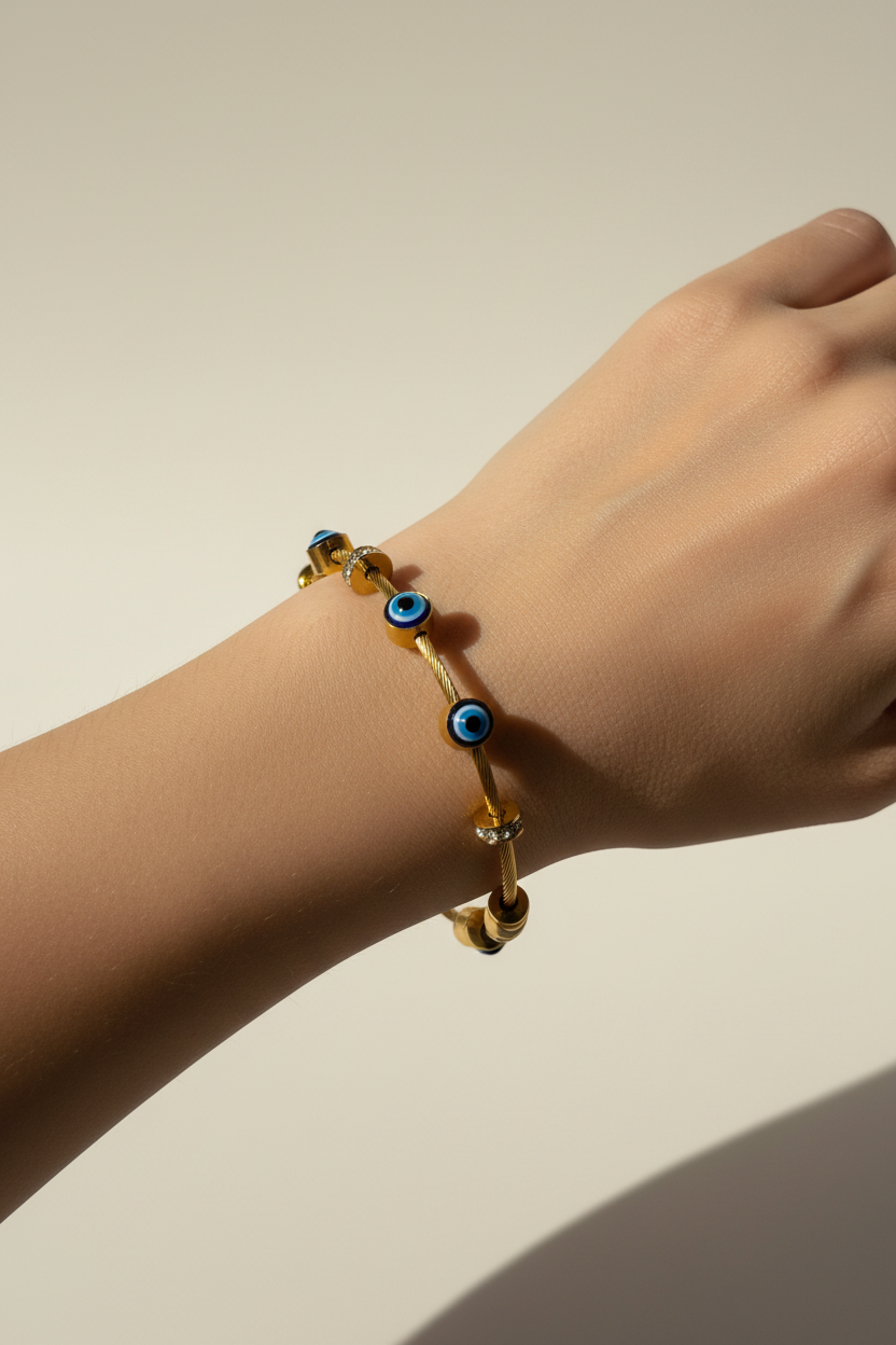 Evil Eye Bead Accent Bangle Bracelet – Gold Toned & Tarnish Resistant
