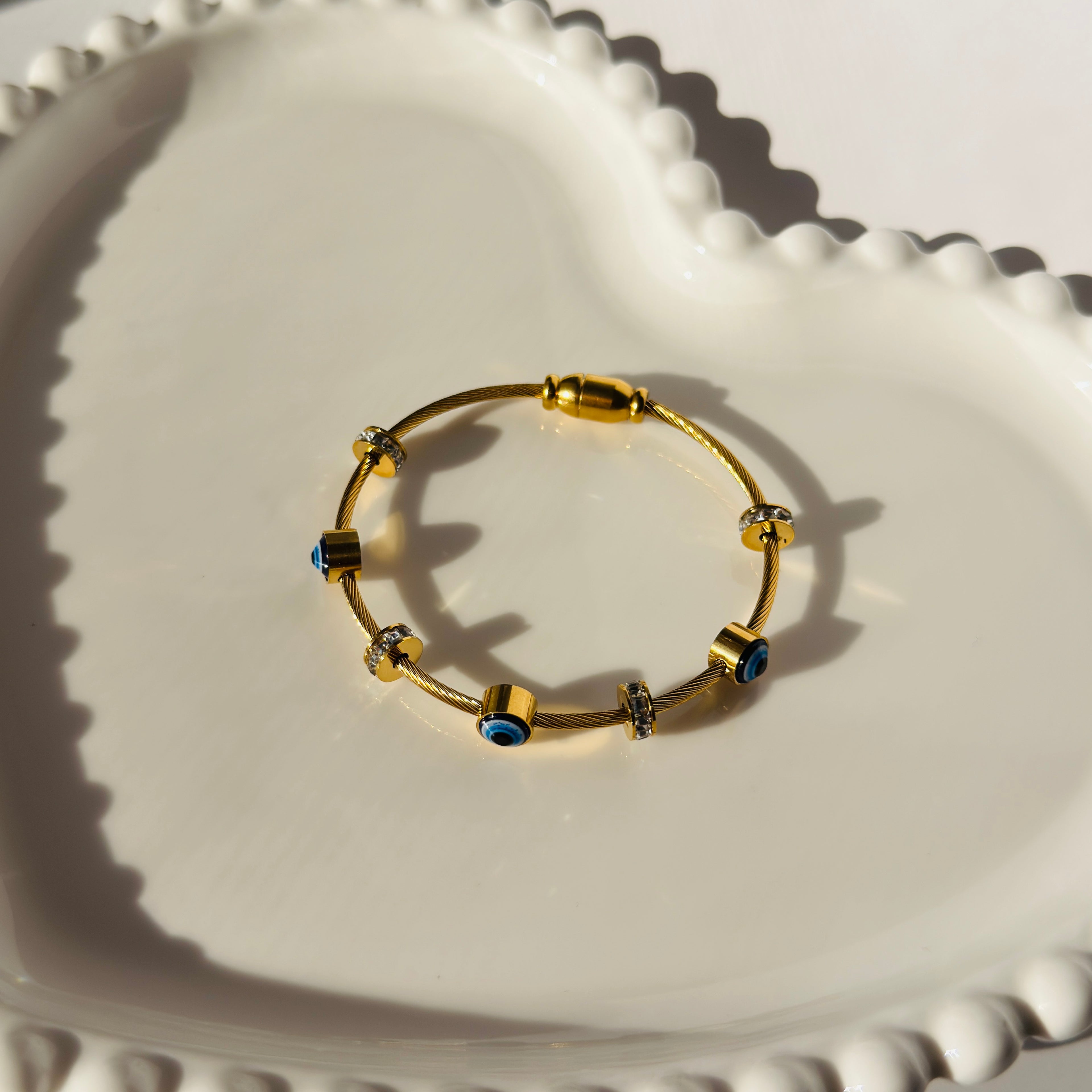 Evil Eye Bead Accent Bangle Bracelet – Gold Toned & Tarnish Resistant