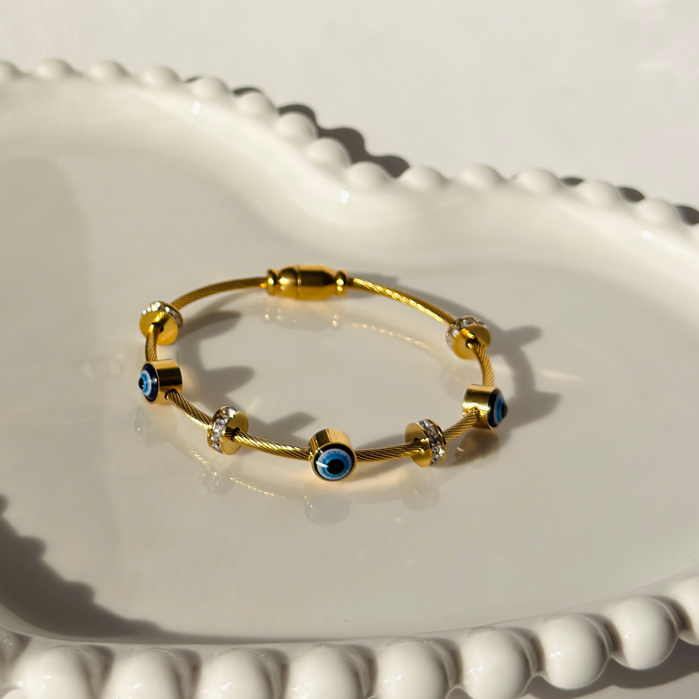 Evil Eye Bead Accent Bangle Bracelet – Gold Toned & Tarnish Resistant