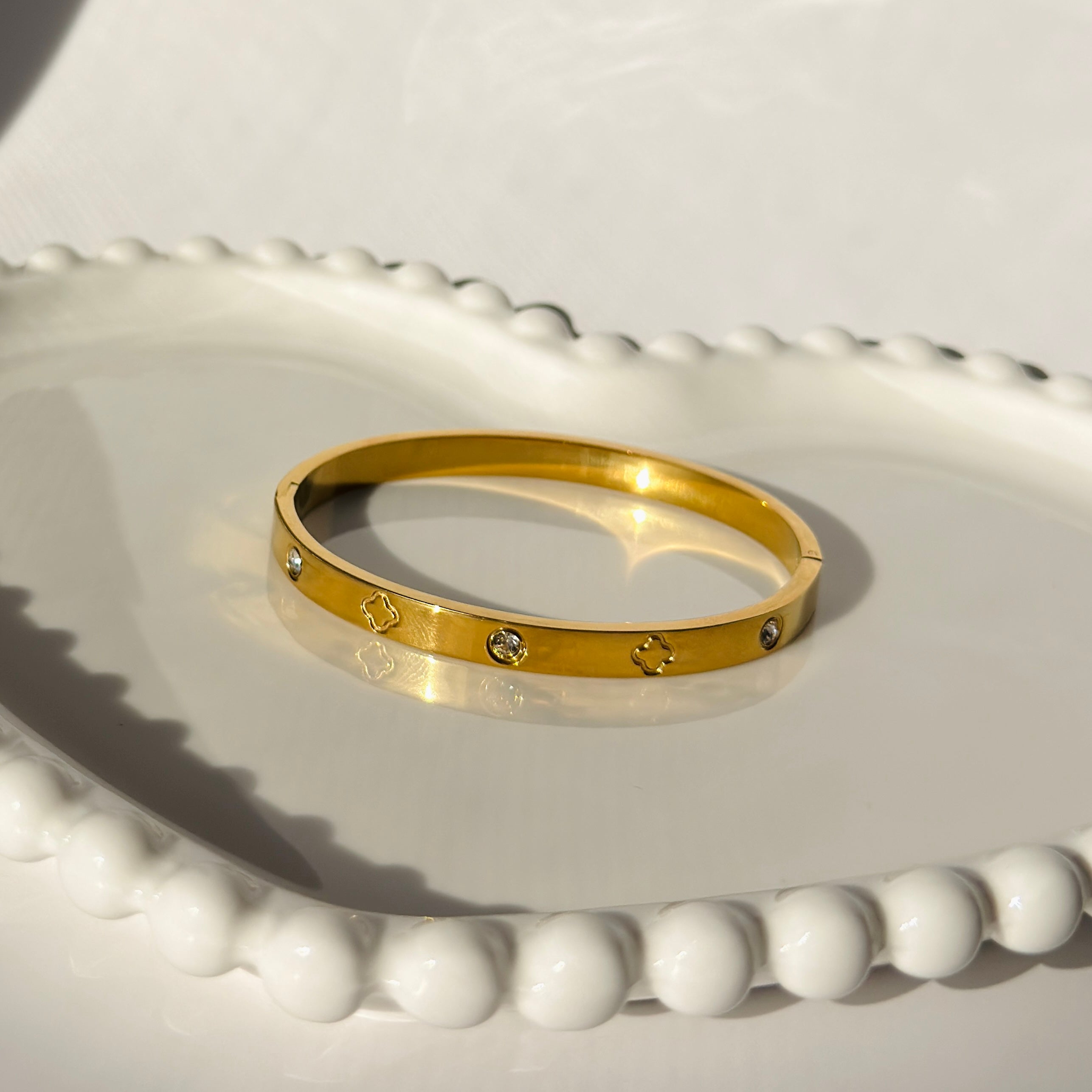 Screw & Crystal Accent Bangle Bracelet – Gold Toned & Tarnish Resistant