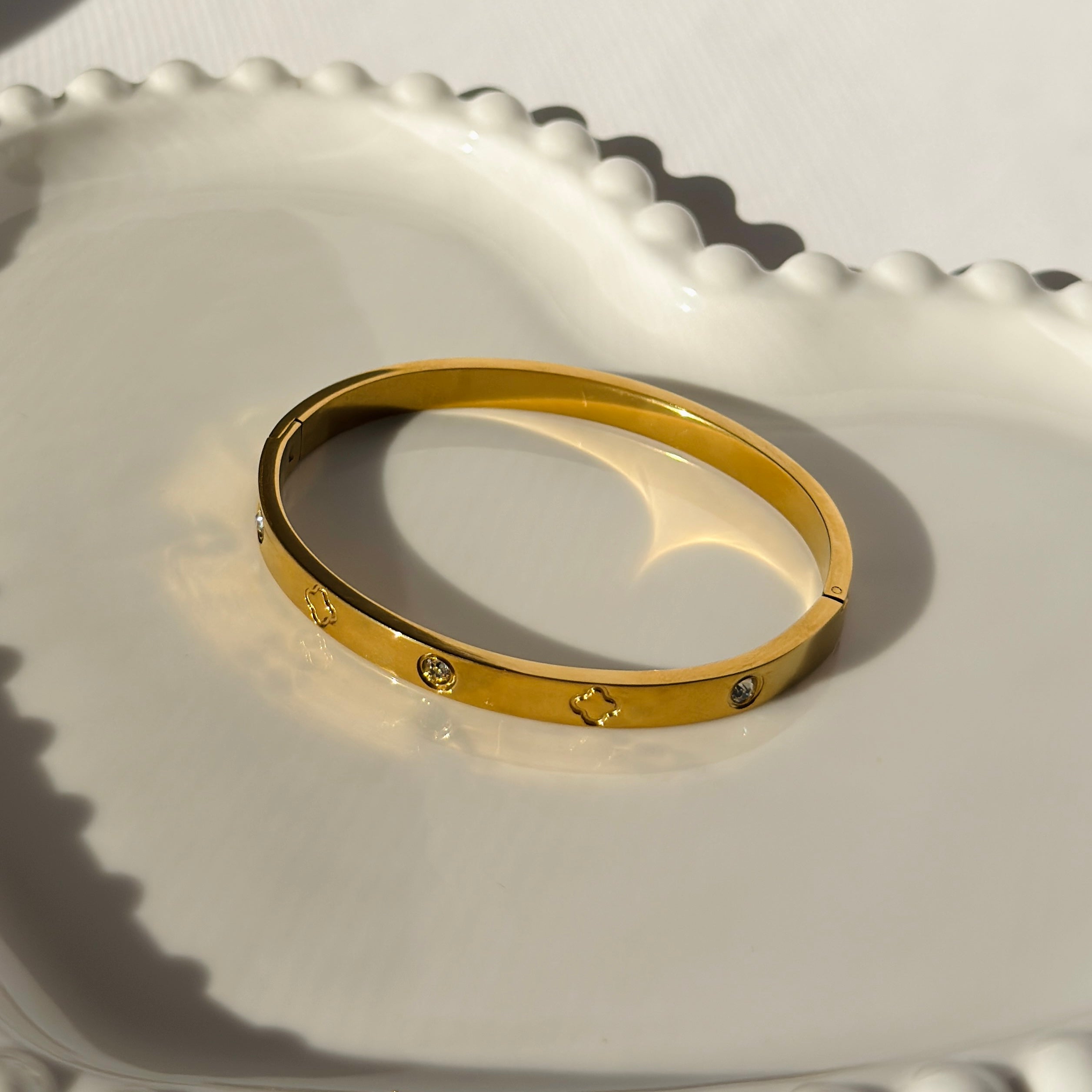 Screw & Crystal Accent Bangle Bracelet – Gold Toned & Tarnish Resistant