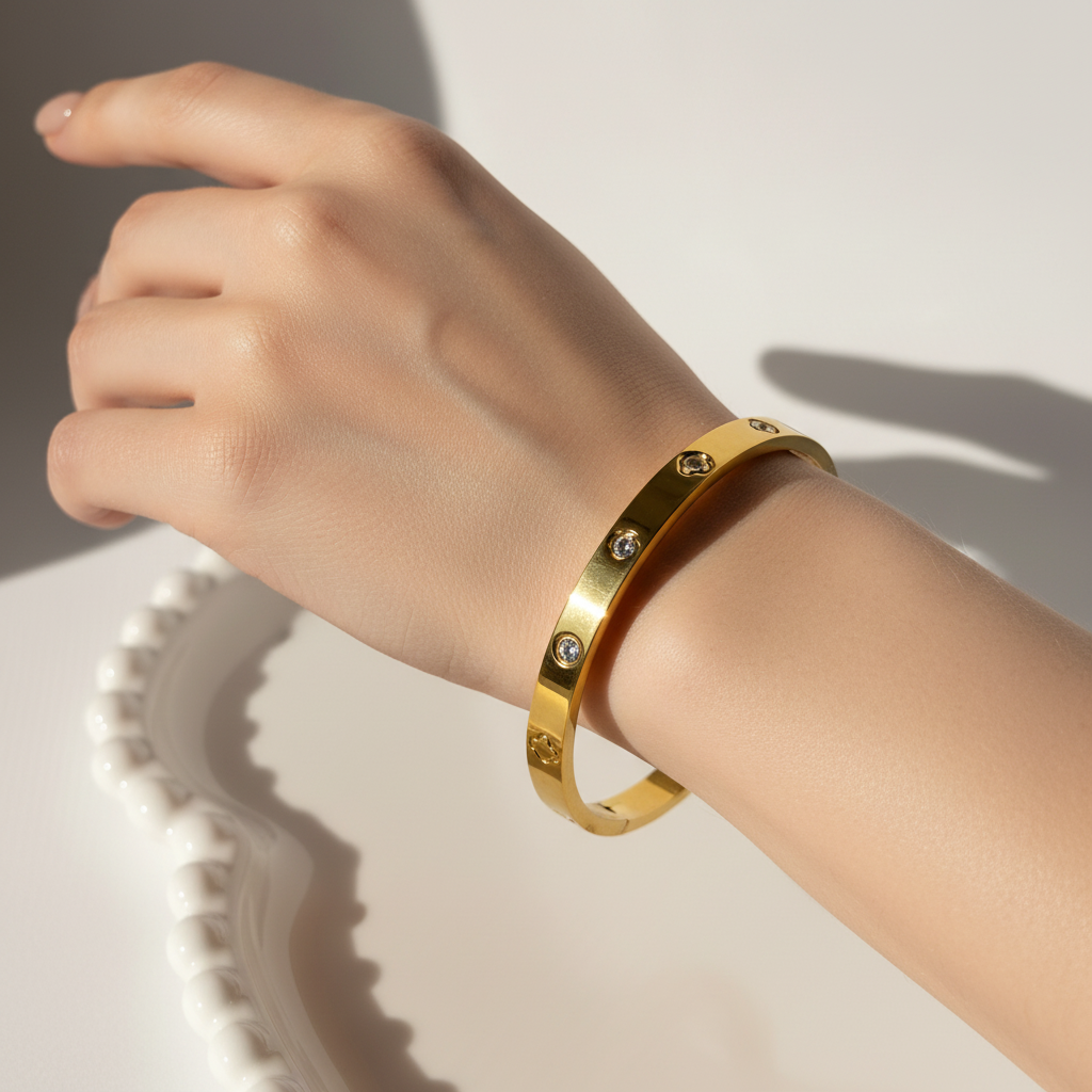 Screw & Crystal Accent Bangle Bracelet – Gold Toned & Tarnish Resistant