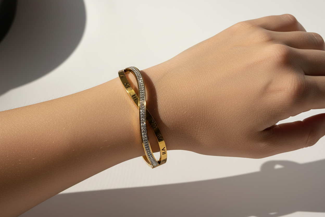 Twisted Roman Numeral & Crystal Accent Bangle – Gold Toned & Tarnish Resistant