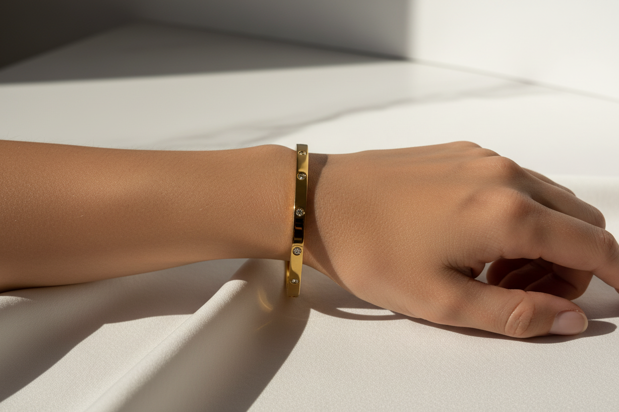 Screw & Crystal Accent Bangle Bracelet – Gold Toned & Tarnish Resistant