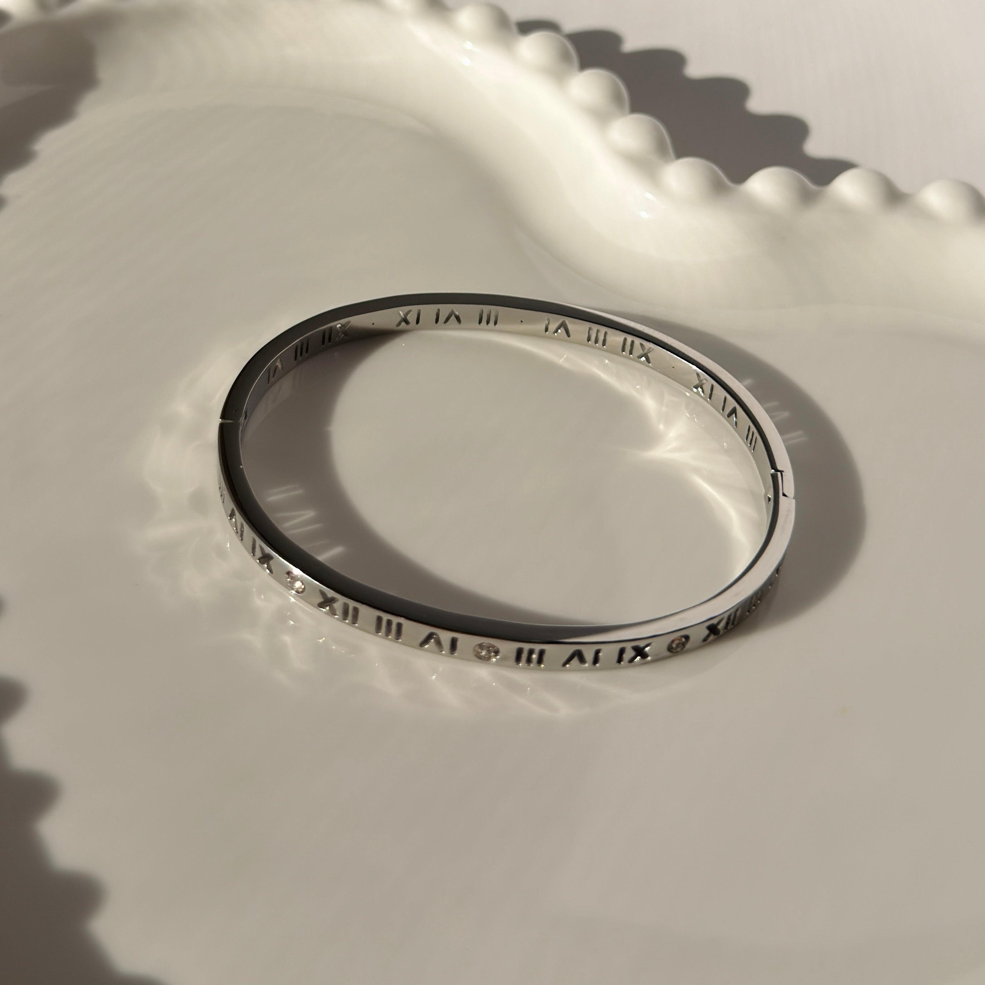 Roman Numeral & Crystal Accent Bangle Bracelet – Gold Toned & Tarnish Resistant