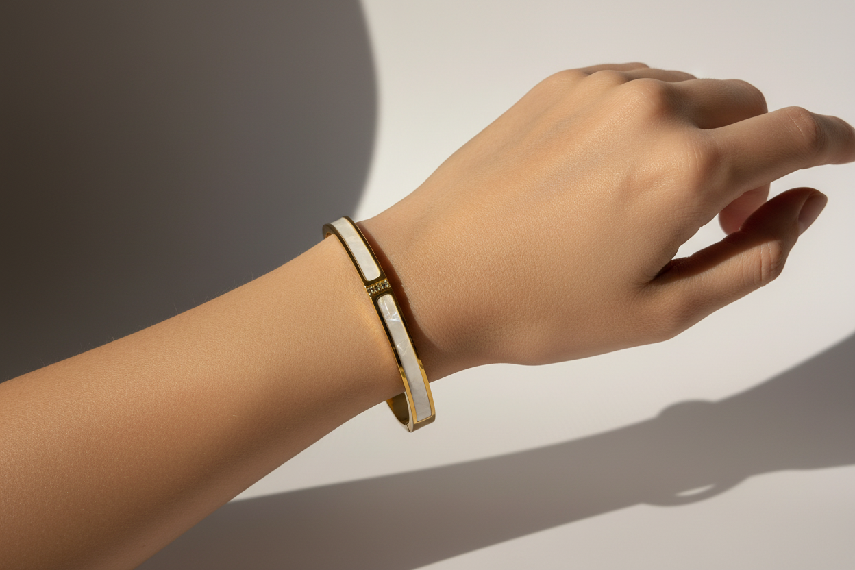 White Enamel & Crystal Accent Bangle Bracelet – Gold Toned & Tarnish Resistant