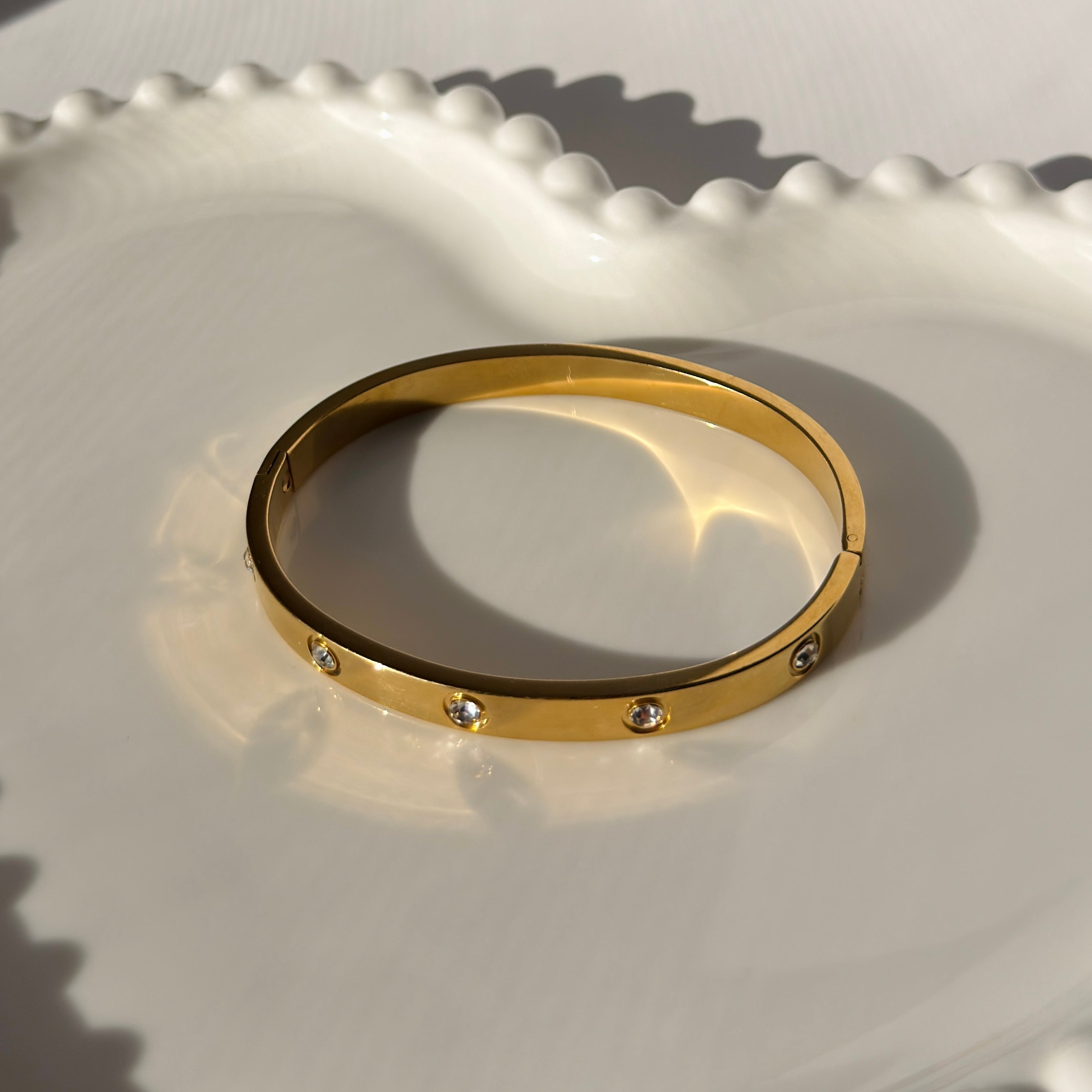 Screw & Crystal Accent Bangle Bracelet – Gold Toned & Tarnish Resistant