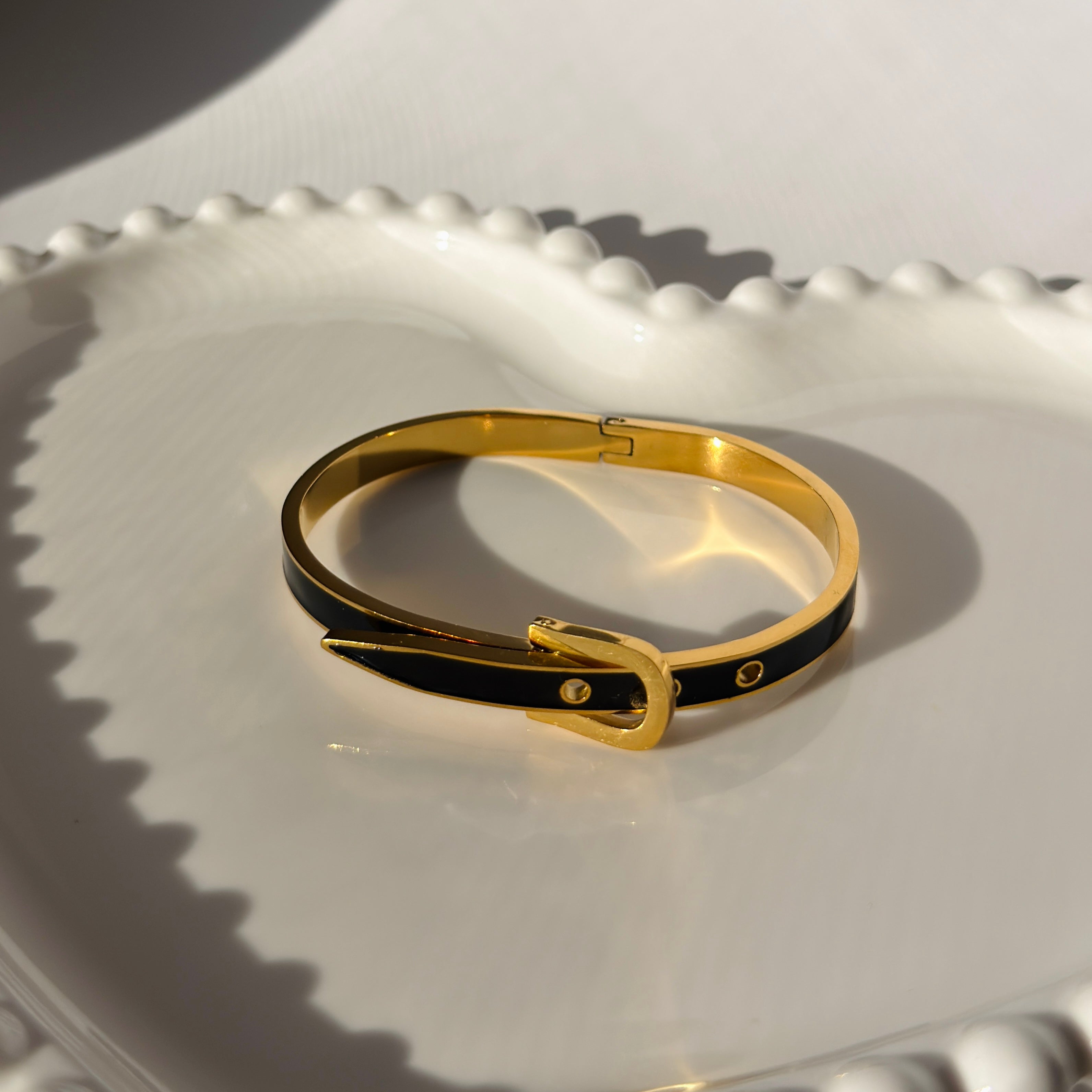 Black Enamel Buckle Bangle Bracelet – Gold Toned & Tarnish Resistant