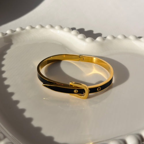 Black Enamel Buckle Bangle Bracelet – Gold Toned & Tarnish Resistant