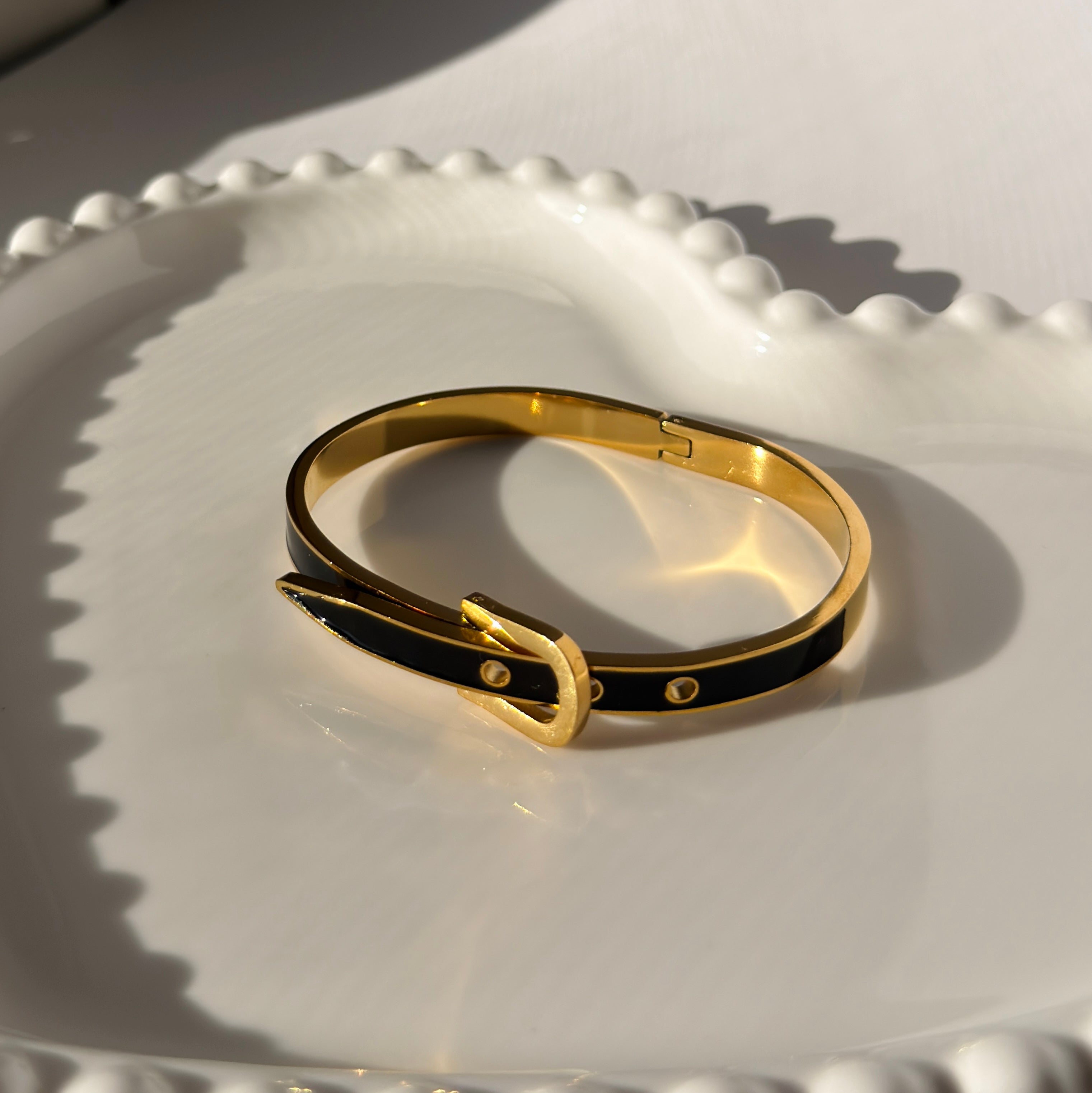 Black Enamel Buckle Bangle Bracelet – Gold Toned & Tarnish Resistant