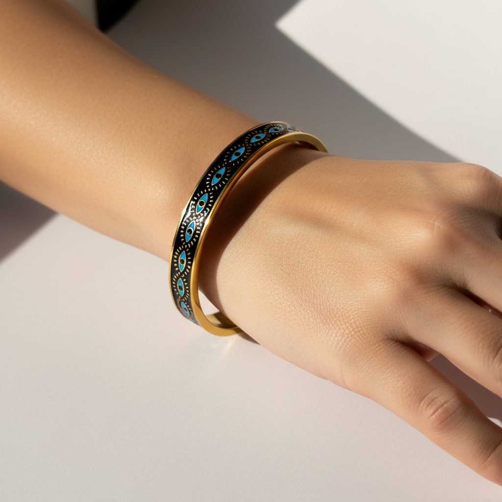 Black Enamel & Evil Eye Motif Bangle Bracelet – Gold Toned & Tarnish Resistant