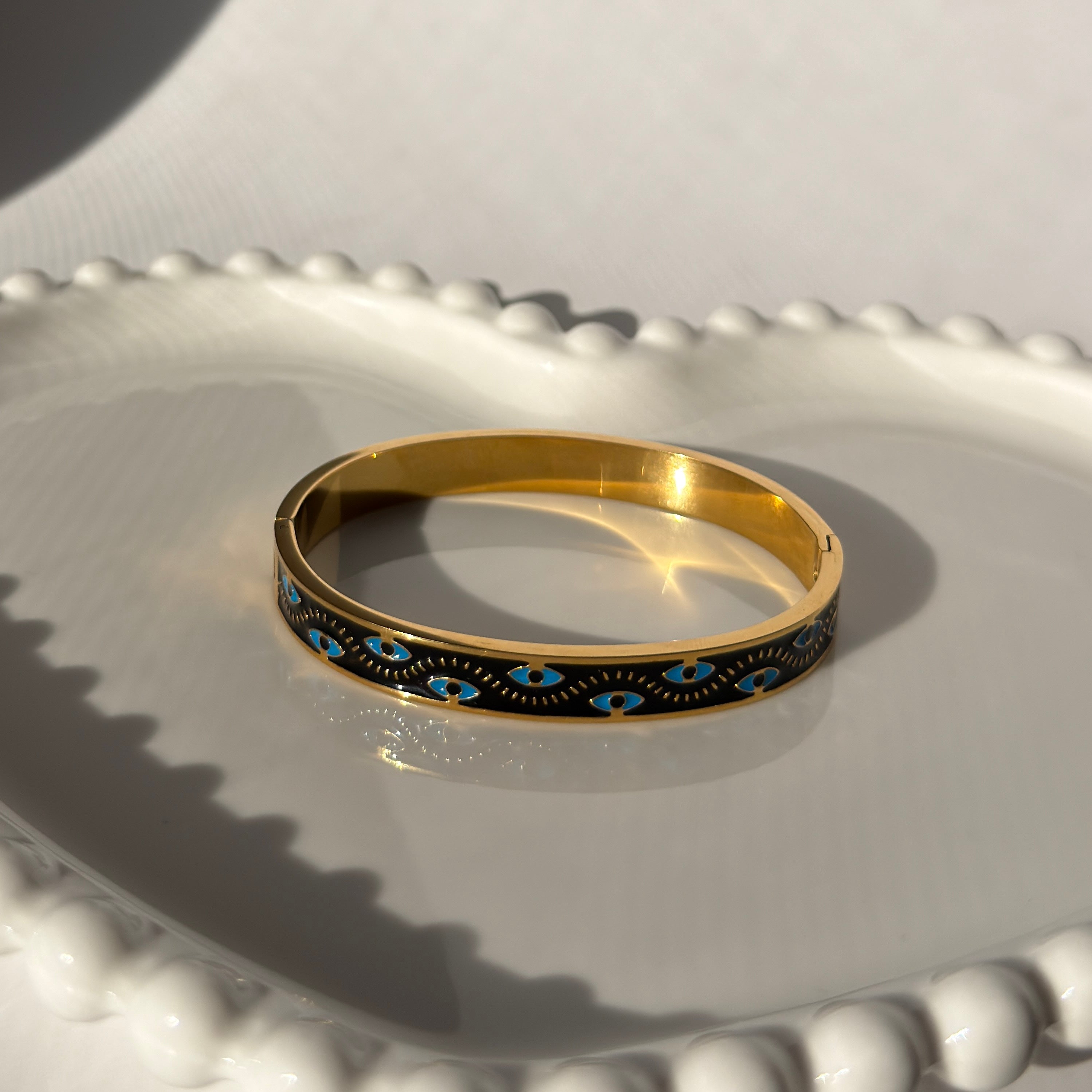 Black Enamel & Evil Eye Motif Bangle Bracelet – Gold Toned & Tarnish Resistant