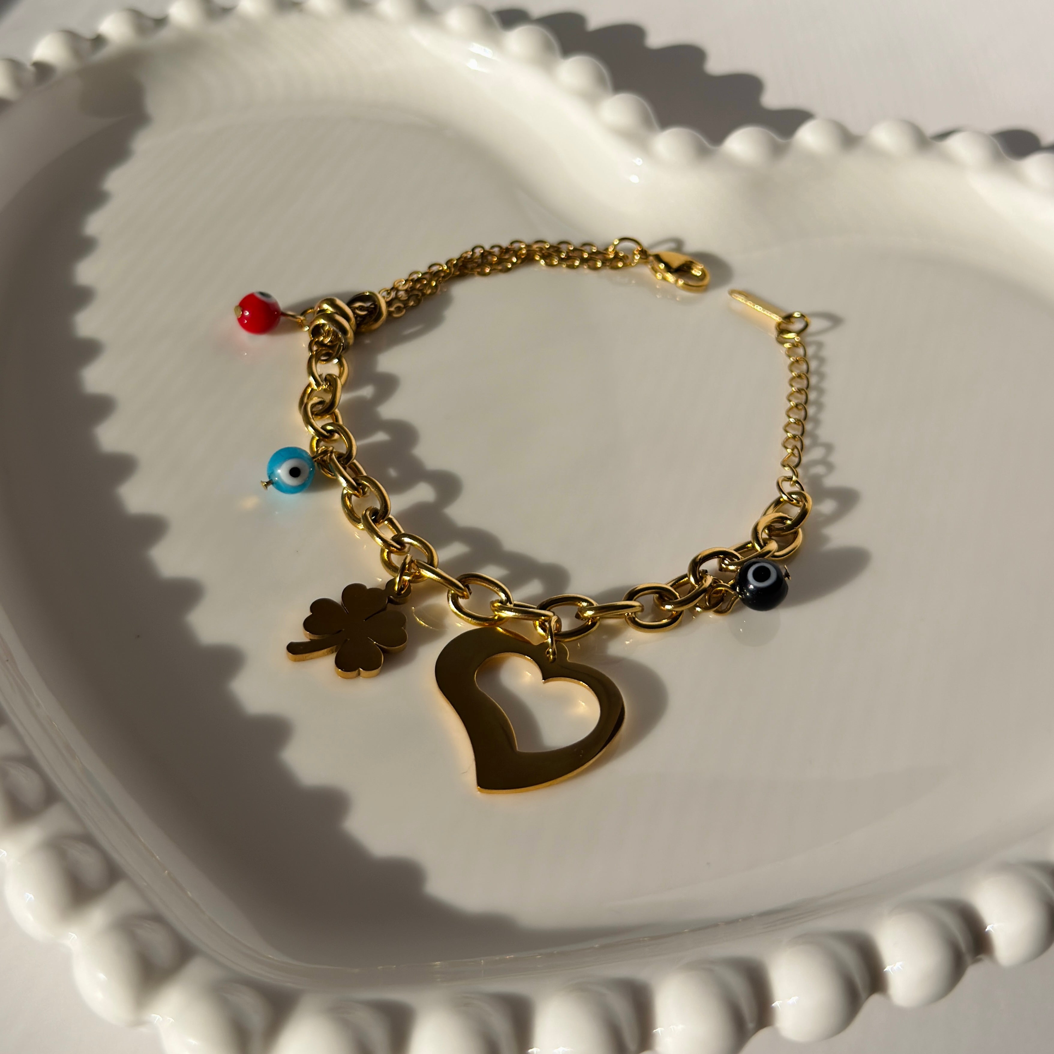 Heart, Clover & Evil Eye Charm Bracelet – Gold Toned & Tarnish Resistant