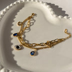 Layered Evil Eye & Blue Crystal Charm Bracelet – Gold Toned & Tarnish Resistant