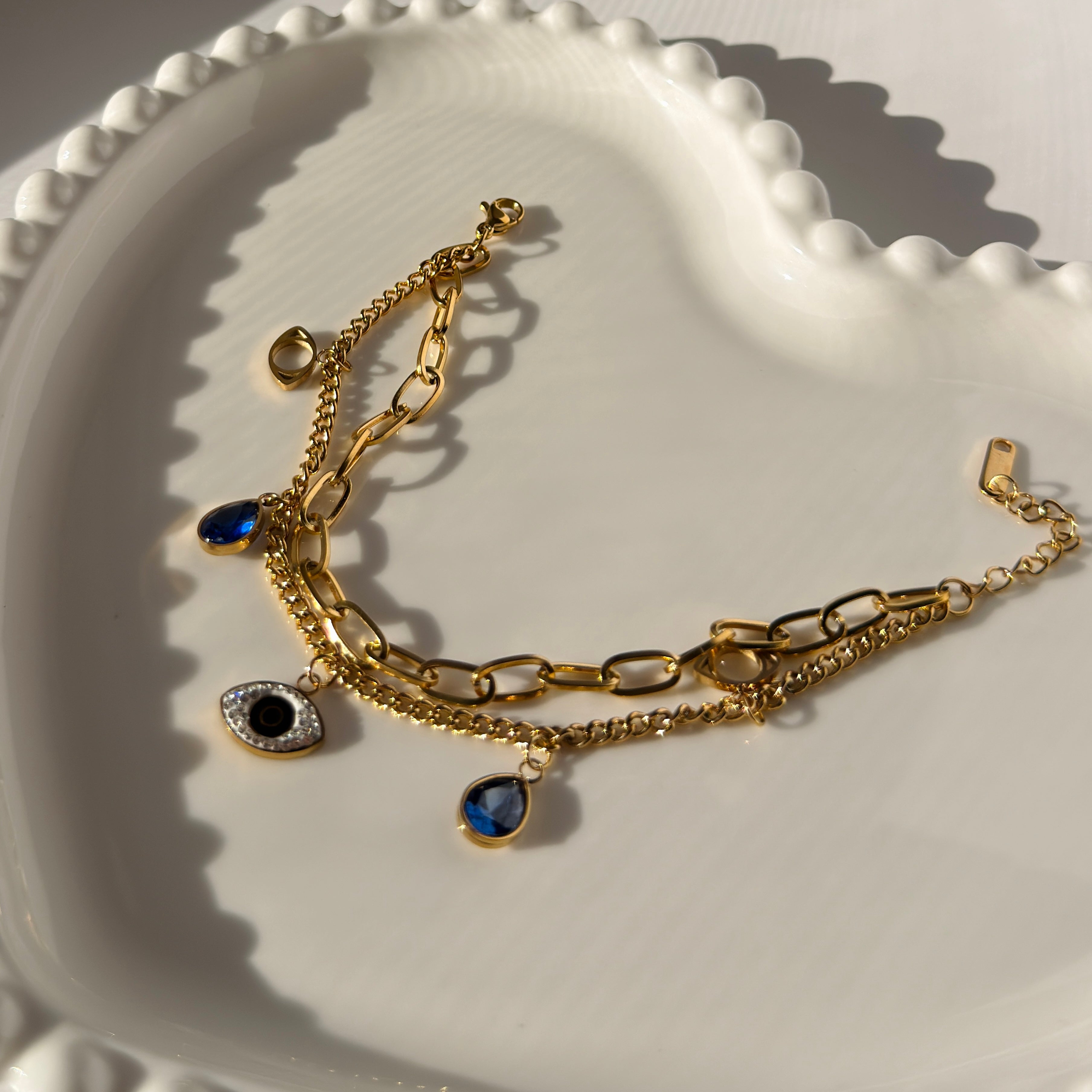 Layered Evil Eye & Blue Crystal Charm Bracelet – Gold Toned & Tarnish Resistant