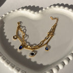 Layered Evil Eye & Blue Crystal Charm Bracelet – Gold Toned & Tarnish Resistant