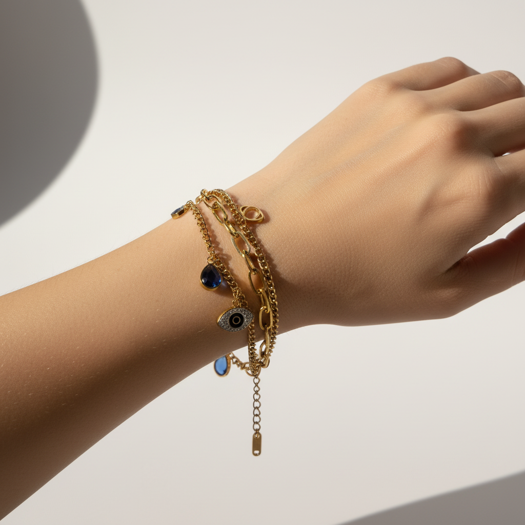 Layered Evil Eye & Blue Crystal Charm Bracelet – Gold Toned & Tarnish Resistant