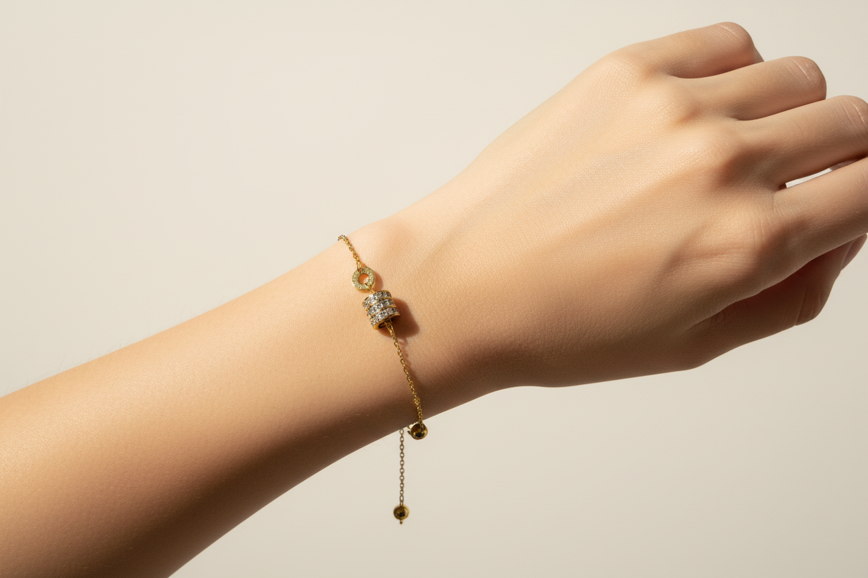 Pave Cylinder Charm Adjustable Bracelet – Gold Toned & Tarnish Resistant