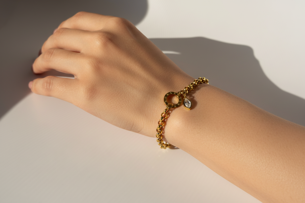 Roman Numeral Ring Charm Chain Bracelet – Gold Toned & Tarnish Resistant