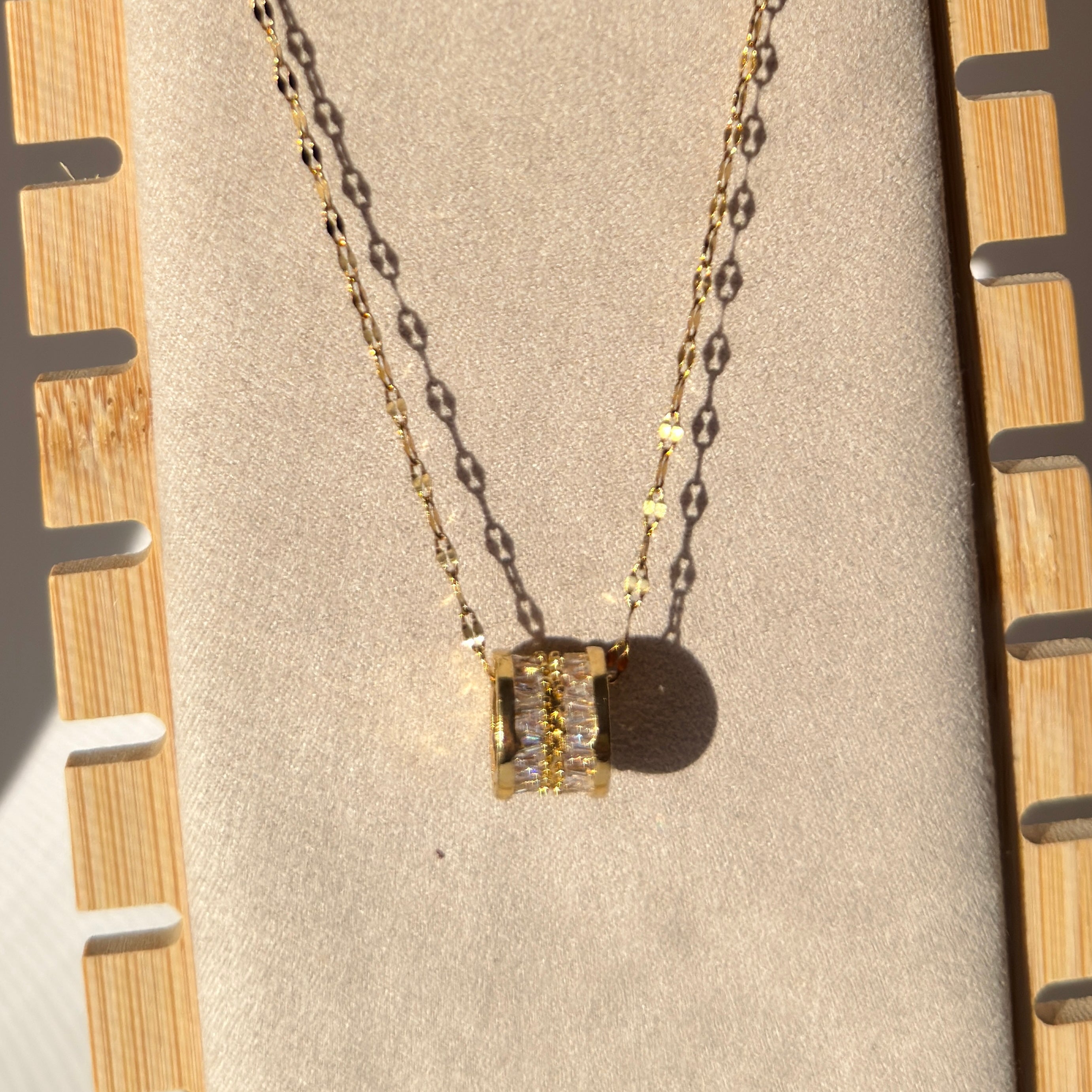 Cylinder Pave Crystal Pendant Necklace – Gold Toned & Tarnish Resistant