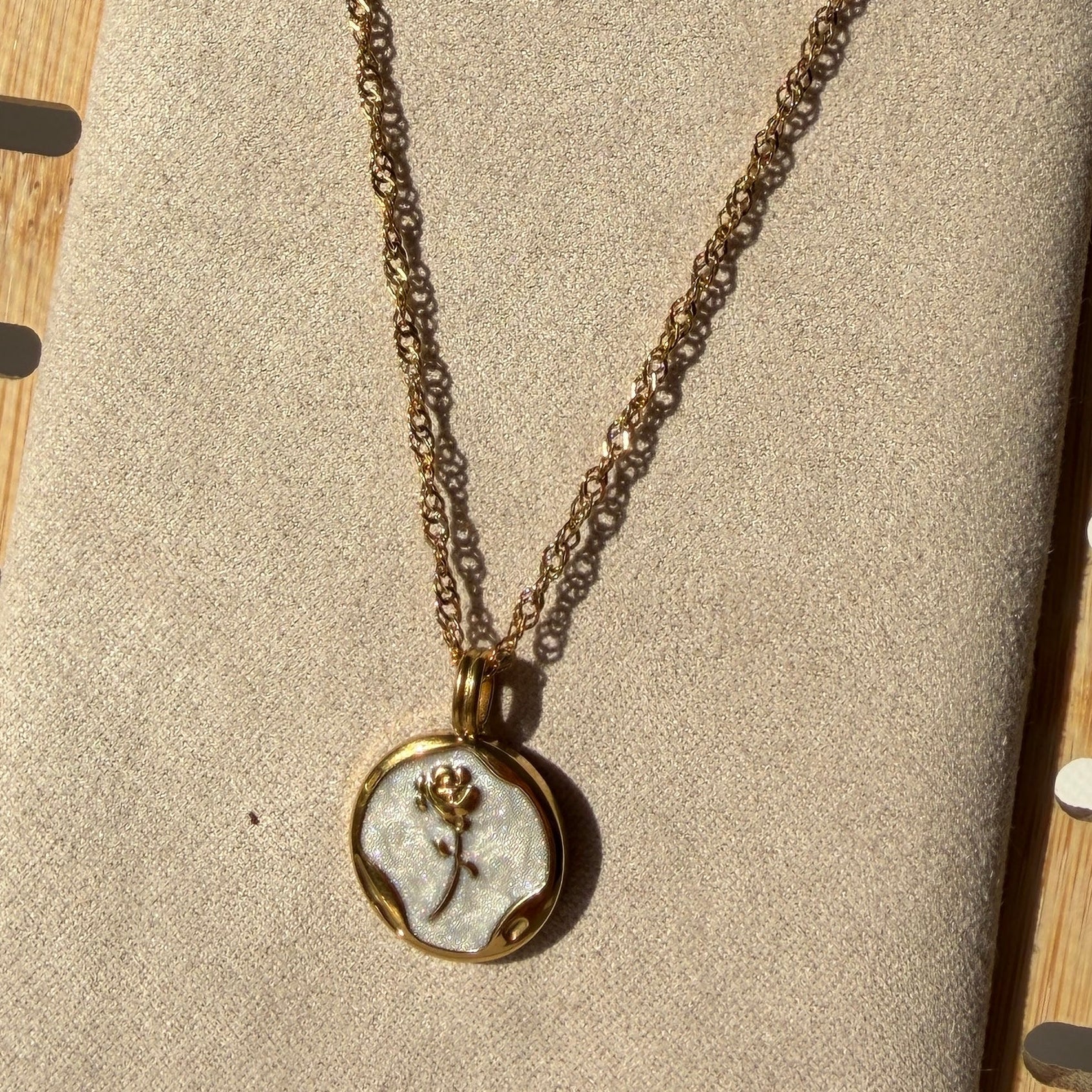 Embossed Rose Coin Pendant Necklace – Gold Toned & Tarnish Resistant