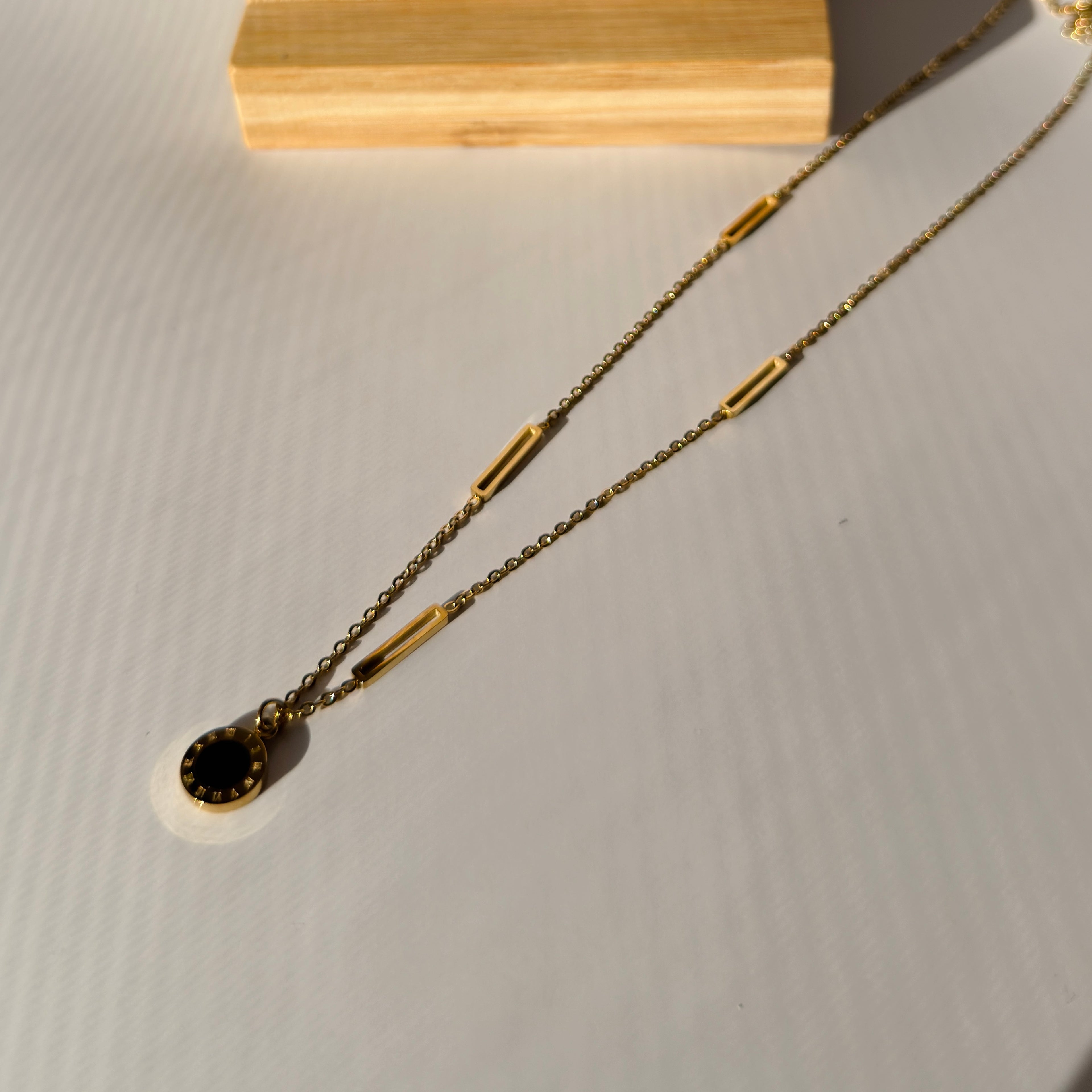 Gold Toned Roman Numeral Coin & Rectangle Link Necklace– Tarnish Resistant