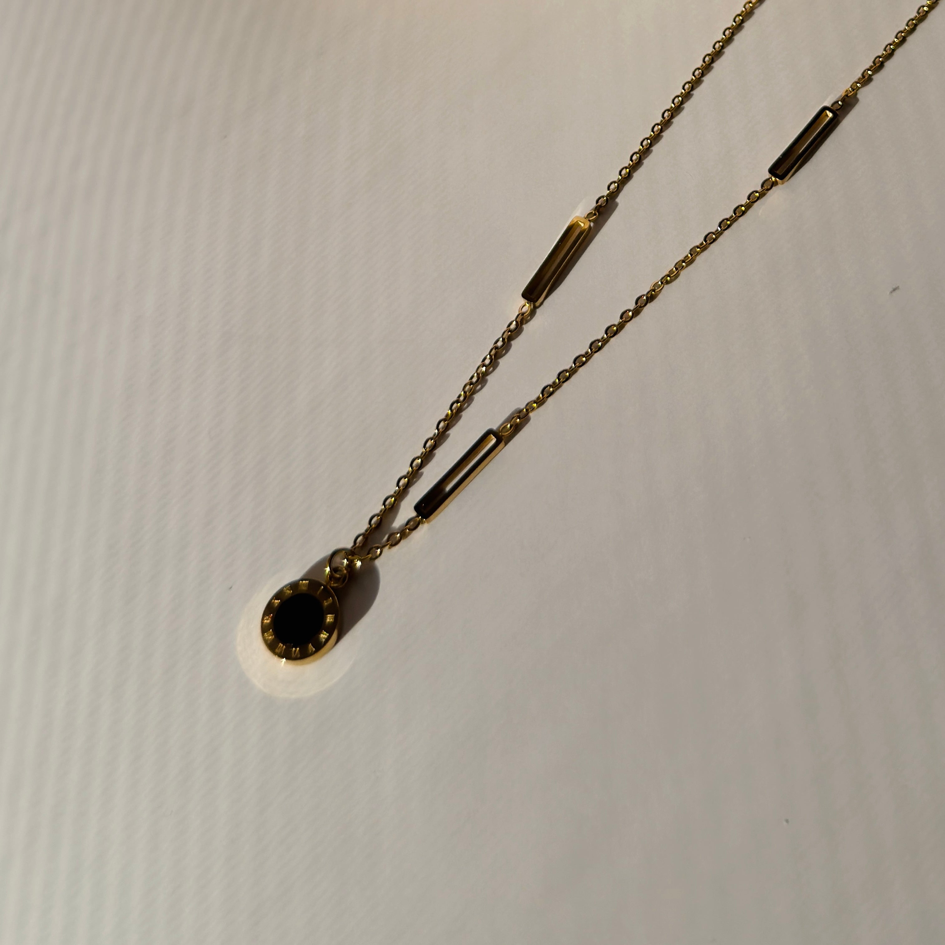 Gold Toned Roman Numeral Coin & Rectangle Link Necklace– Tarnish Resistant